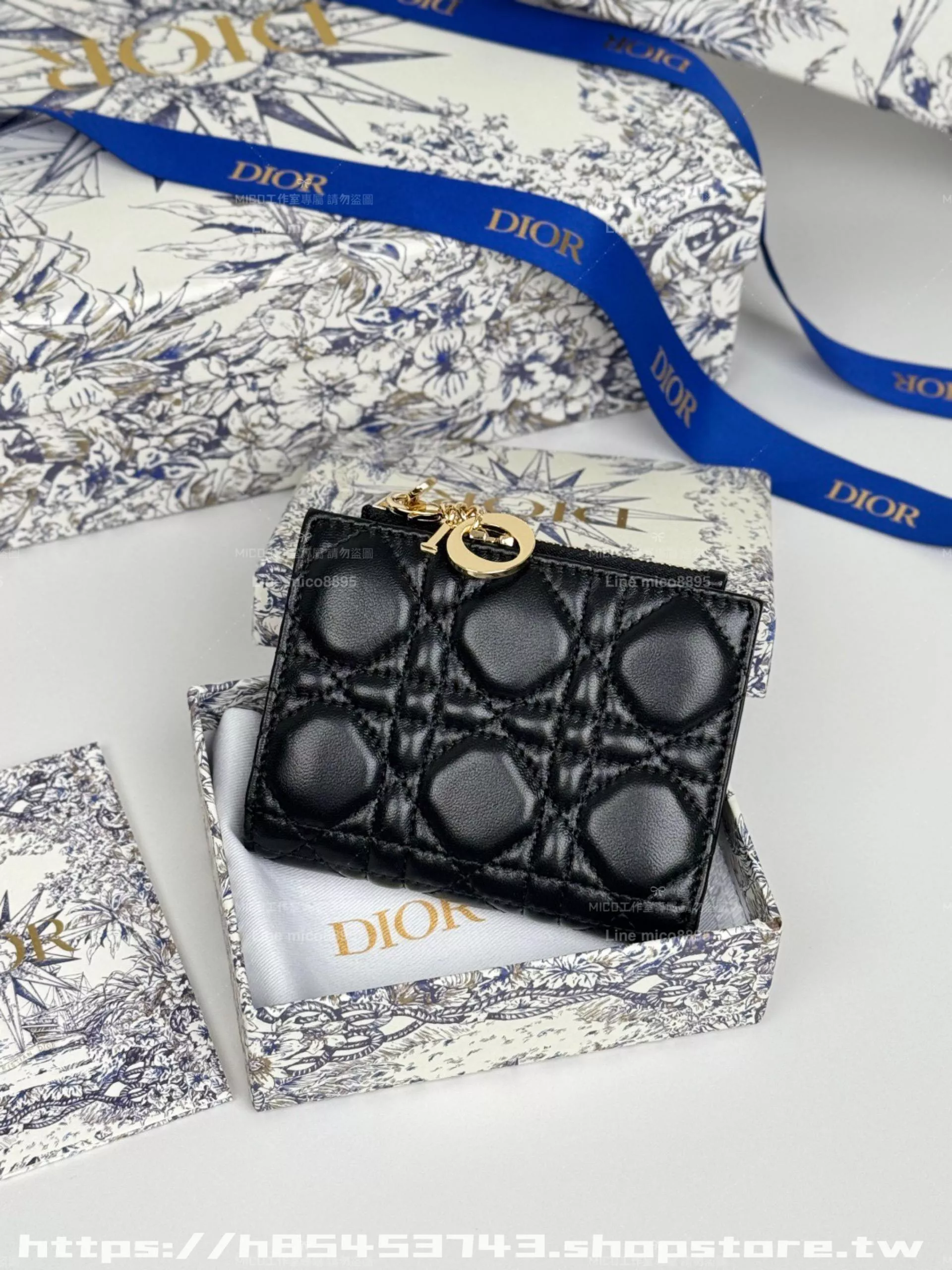 Dior 黑色 Caro Dahlia CD吊飾小羊皮錢包｜11.5×9×2cm