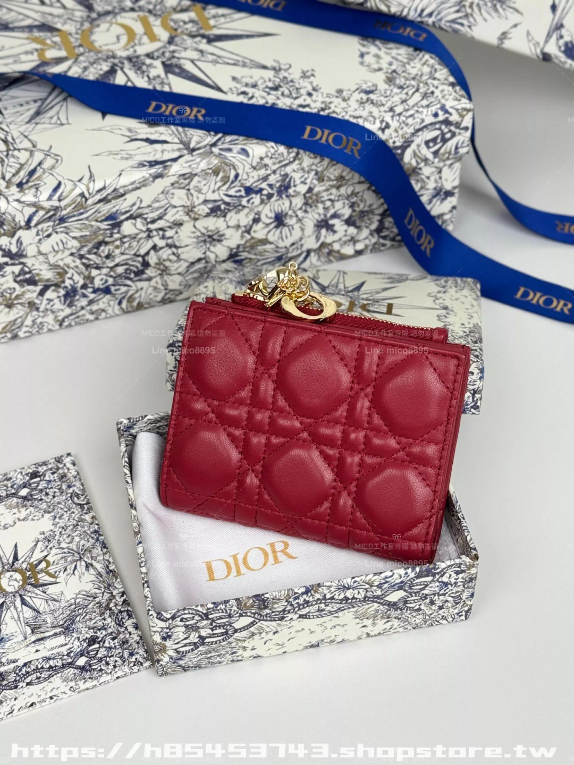 Dior 深紅色 Caro Dahlia CD吊飾小羊皮錢包｜11.5×9×2cm