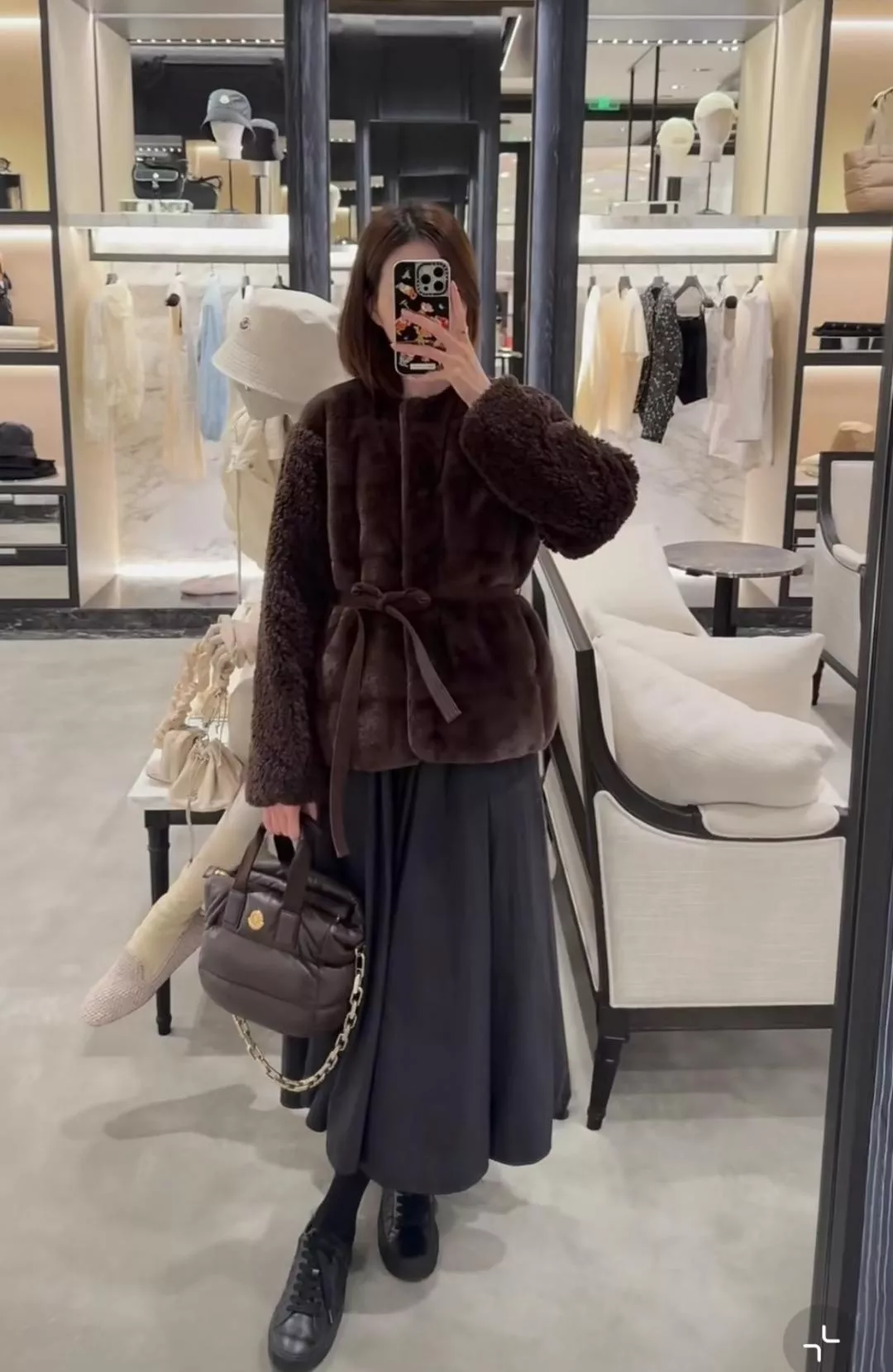 MONCLER 深棕泰迪綿羊毛感外套（0/1/2碼）腰帶設計保暖版型