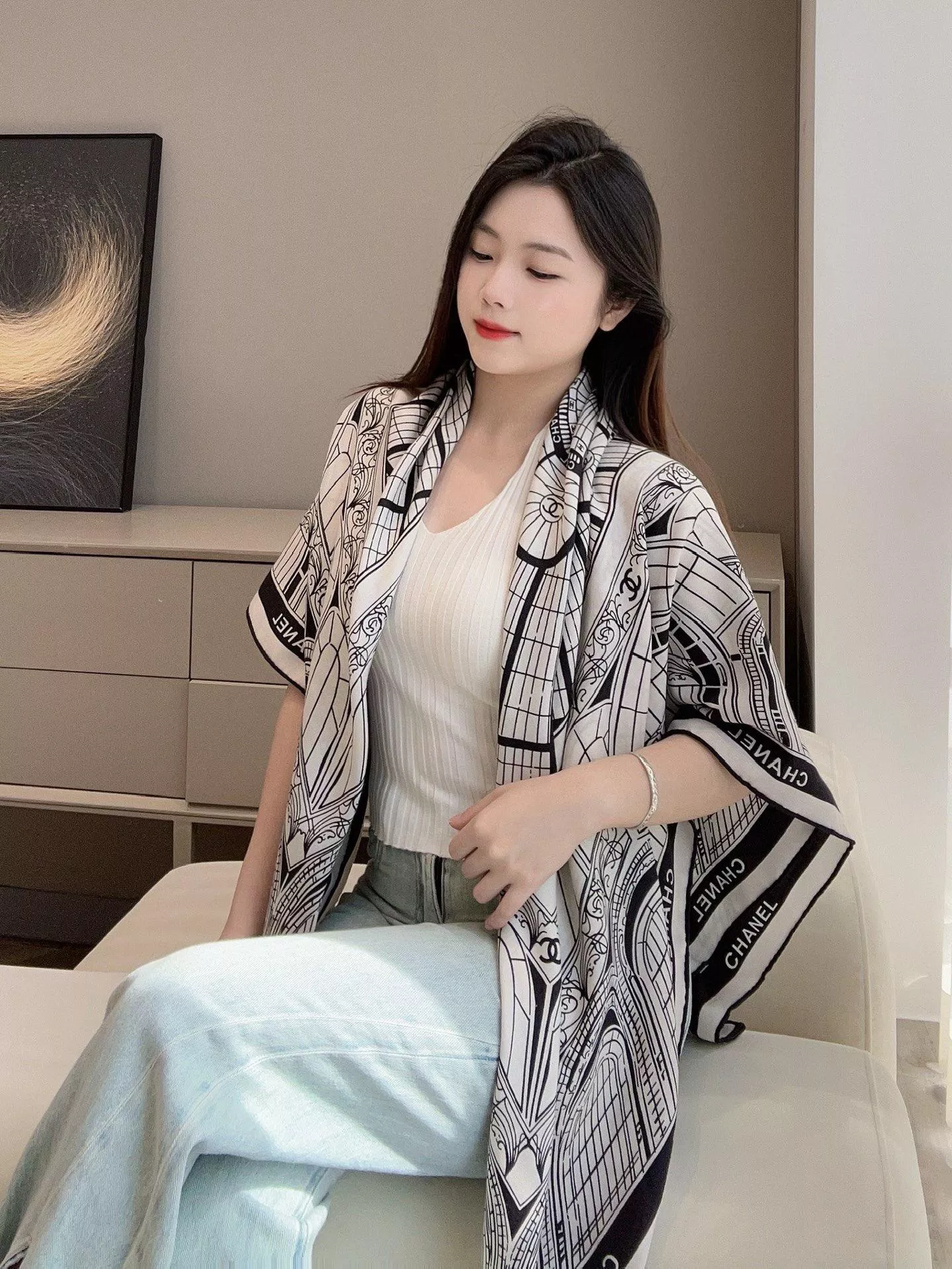 【140x140cm】25S 大皇宮鳥籠系列披肩／白色 ✨全羊絨手工卷邊款