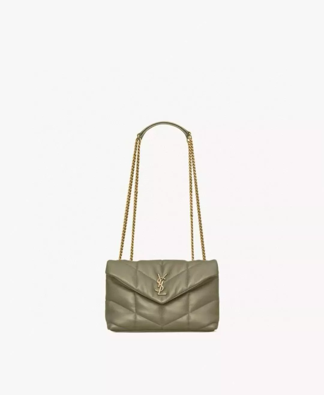 YSL 麥芽綠金釦 Loulou Puffer mini 迷你款 雙鏈條版本 多功能絎縫包 23cm