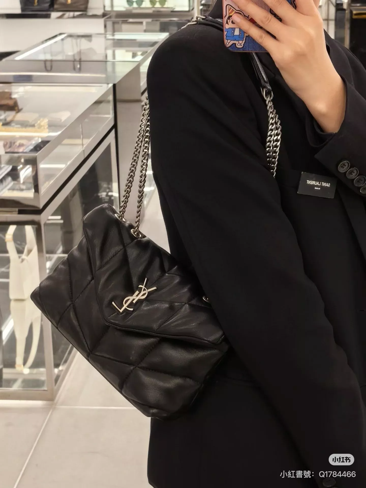 YSL 黑色銀釦 Loulou Puffer mini 迷你款 雙鏈條版本 多功能絎縫包 23cm