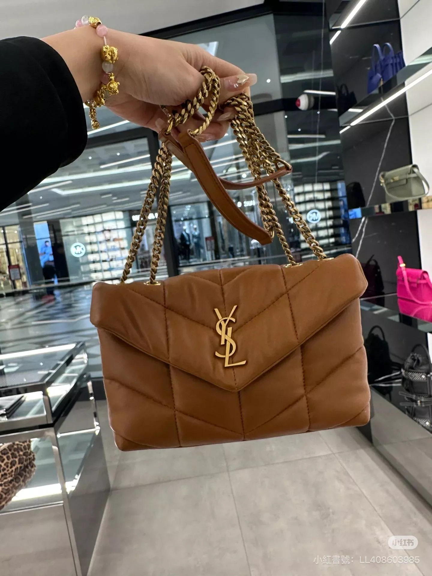 YSL 焦糖色金釦 Loulou Puffer mini 迷你款 雙鏈條版本 多功能絎縫包 23cm