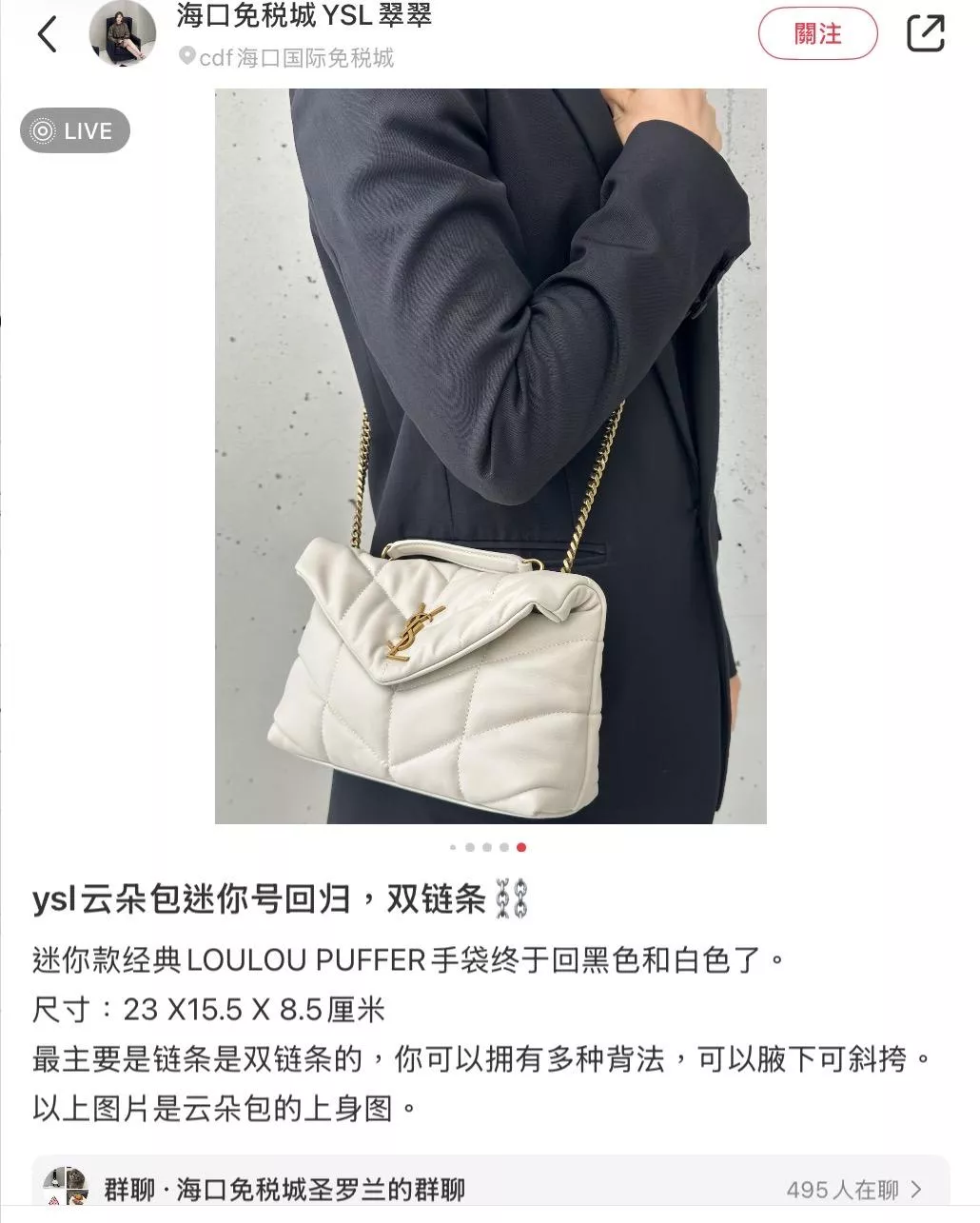 YSL 白色金釦 Loulou Puffer mini 迷你款 雙鏈條版本 多功能絎縫包 23cm