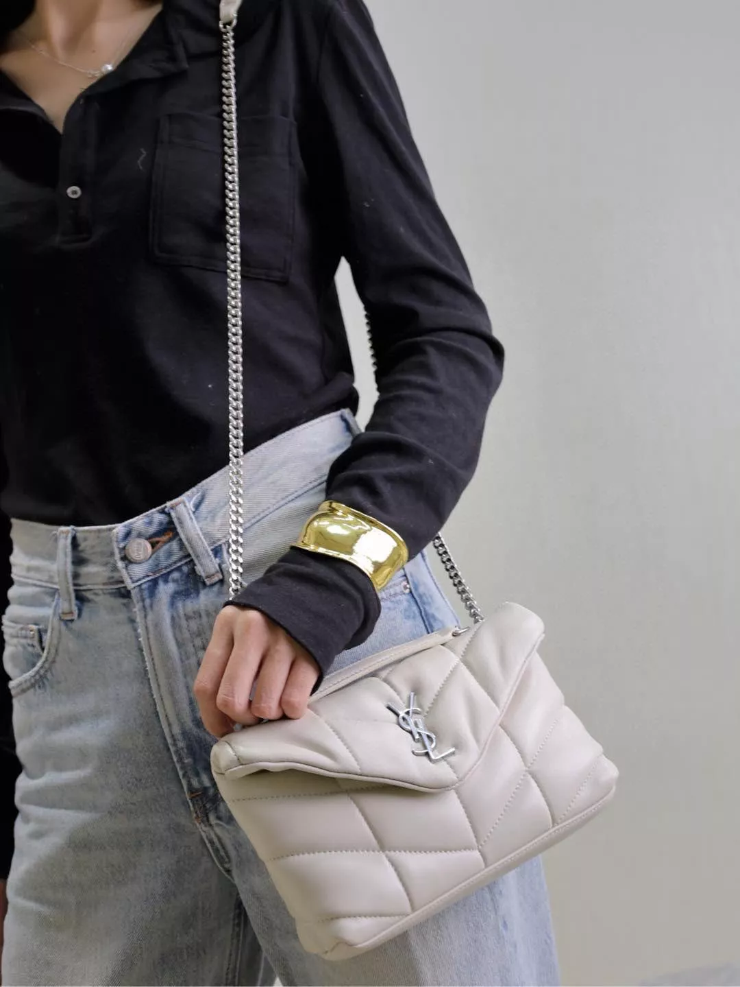 YSL 白色銀釦 Loulou Puffer mini 迷你款 雙鏈條版本 多功能絎縫包 23cm