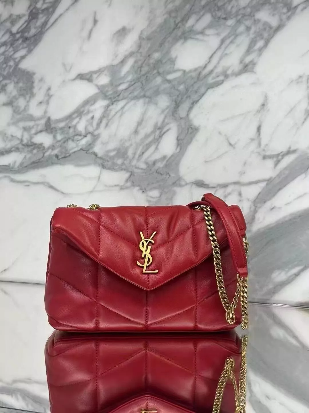 YSL 紅色金釦 Loulou Puffer mini 迷你款 雙鏈條版本 多功能絎縫包 23cm