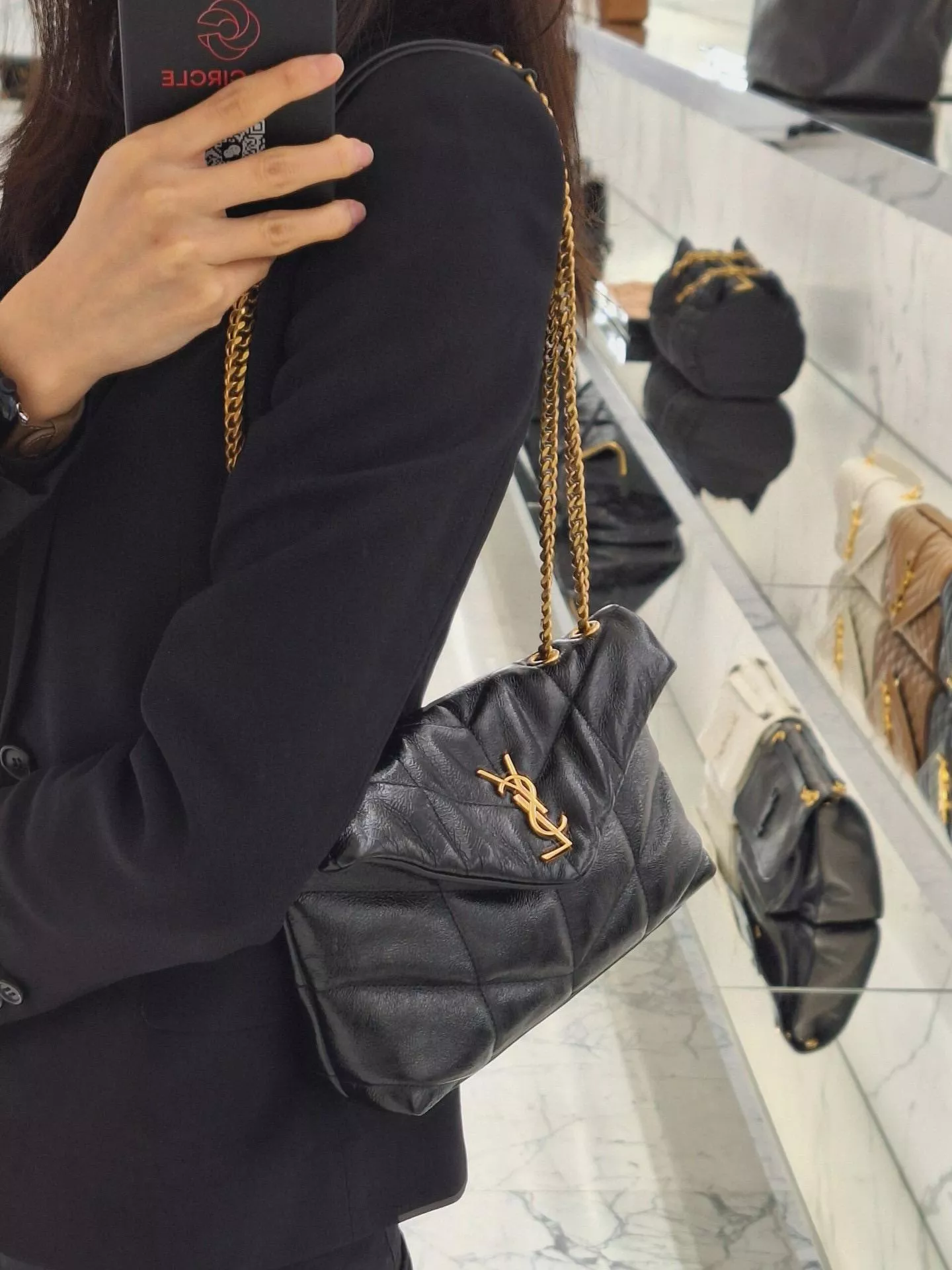 YSL 油蠟皮革黑色金釦 Loulou Puffer mini 迷你款 雙鏈條版本 多功能絎縫包 23cm