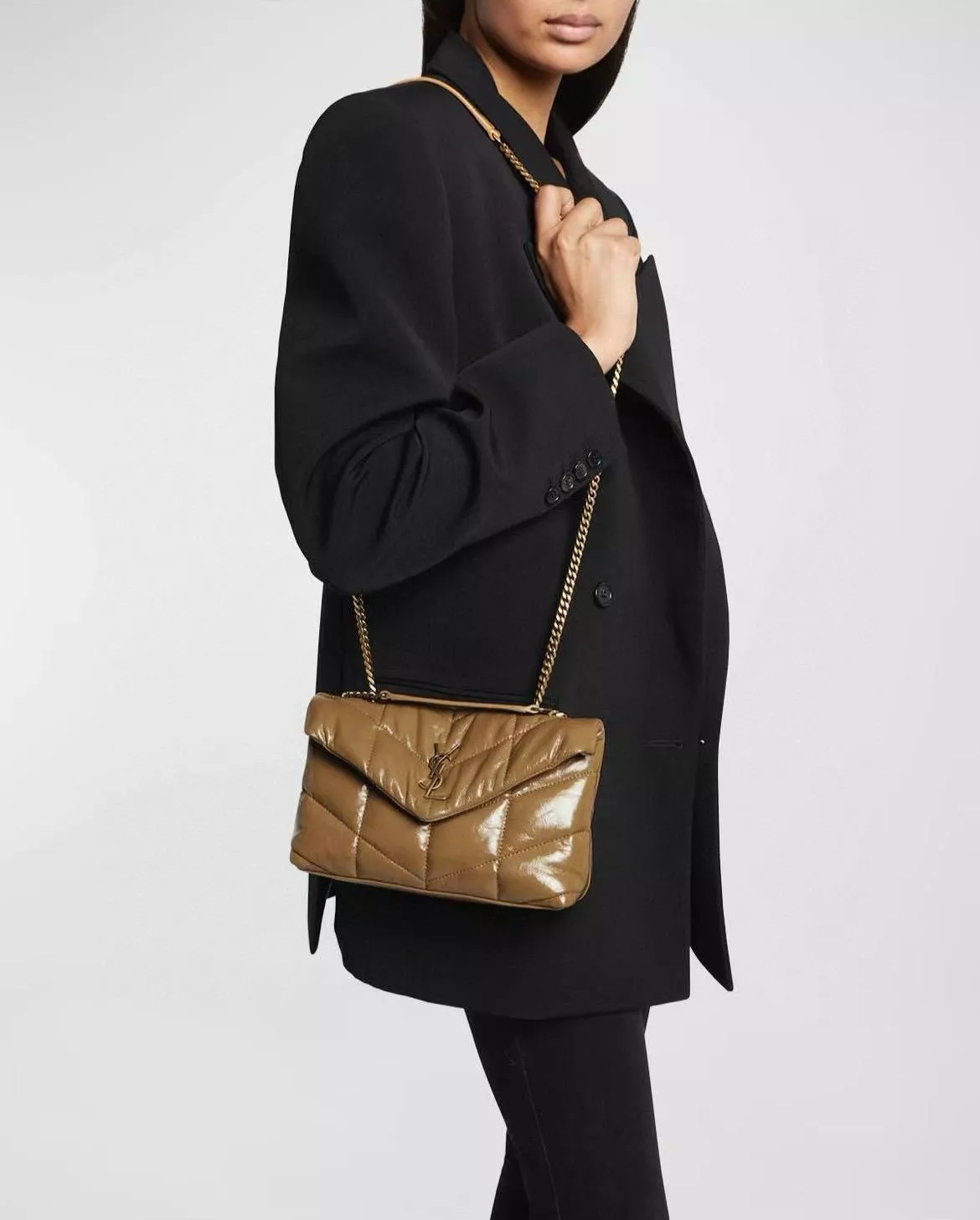 YSL 油蠟皮革 棕色金釦 Loulou Puffer mini 迷你款 雙鏈條版本 多功能絎縫包 23cm