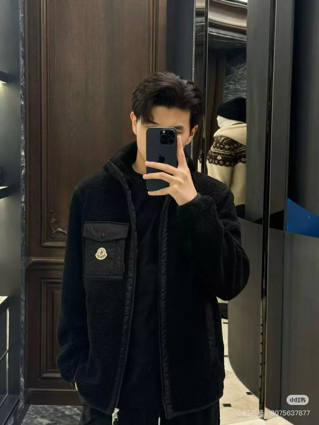 MONCLER 黑色羊羔毛徽標立領棉服外套｜S/M/L