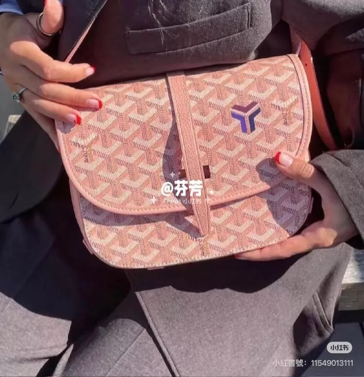 Goyard 限量款/櫻花粉 復古郵差包 Belvedere PM ／22cm／可調肩帶設計