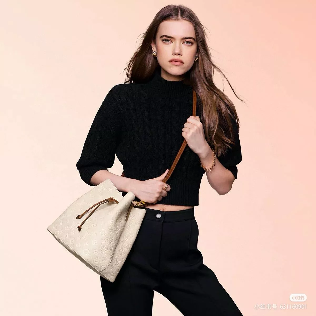 【NéoNoé 中號水桶包】M45307 奶油白x棕 ／Monogram 壓紋全皮款