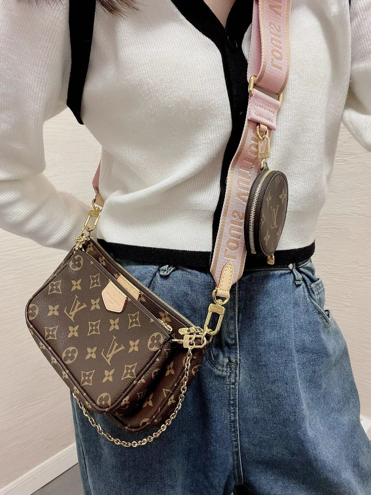 【Multi Pochette Accessories 五合一肩背包】M44840／粉色肩帶款