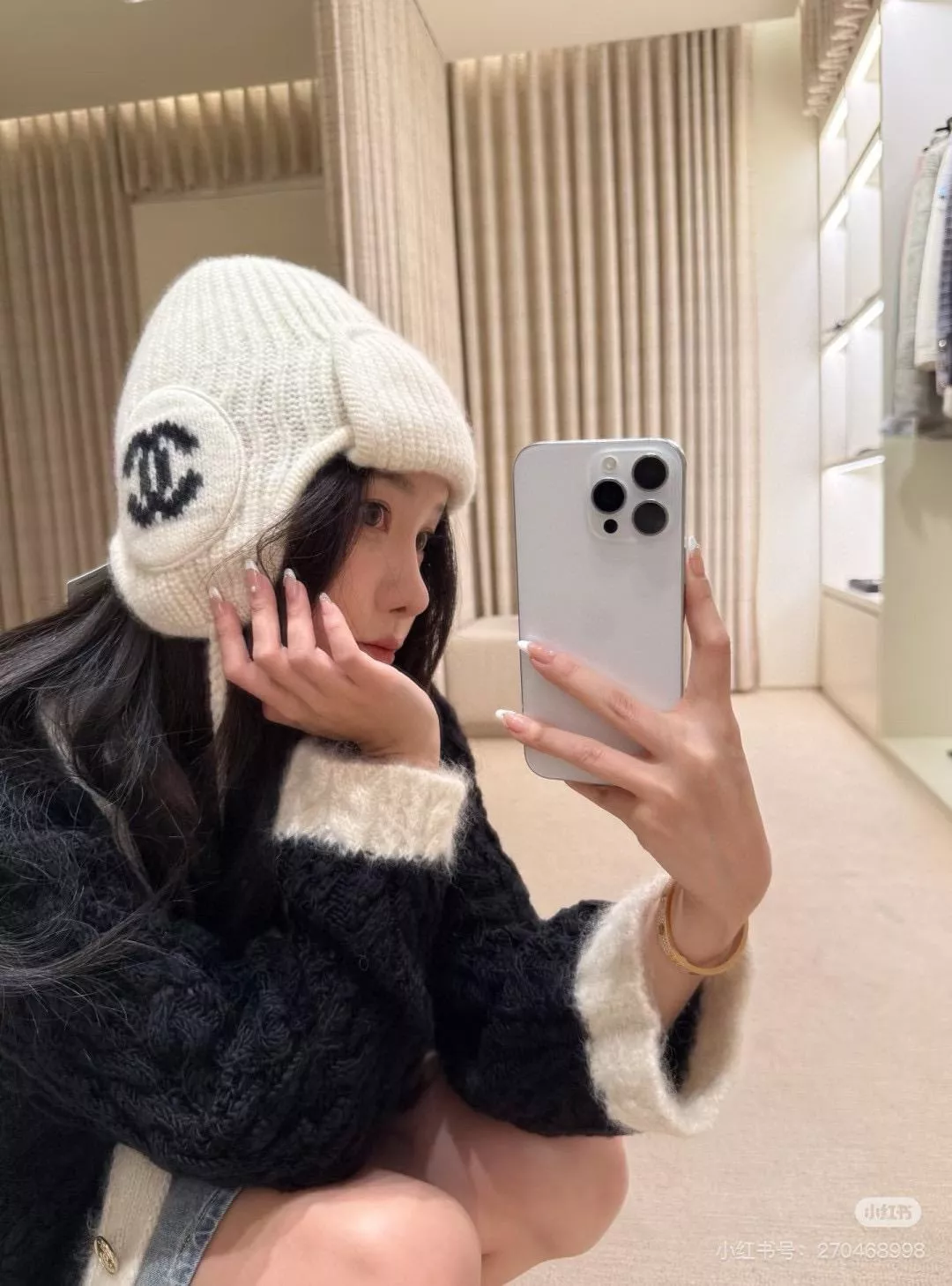 【Chanel 針織雷鋒毛球帽】羊絨保暖款／米白色