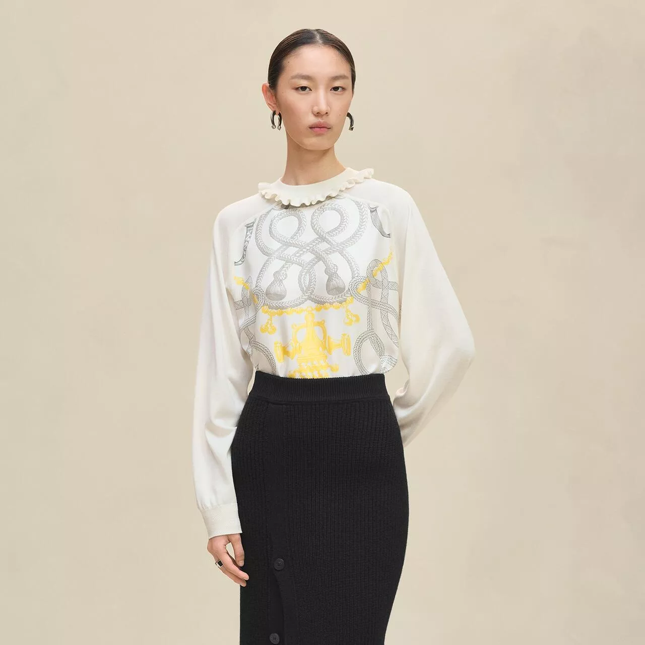 HERMES 鎖鏈花卉娃娃領針織上衣｜36/38/40/42