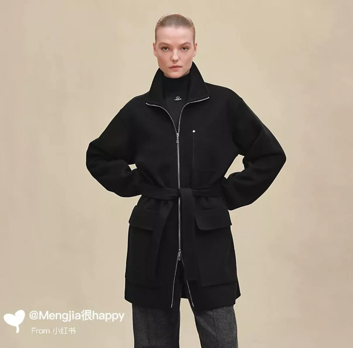 HERMES 25S 黑色雙面羊絨立領拉鍊大衣（36/38/40/42碼）