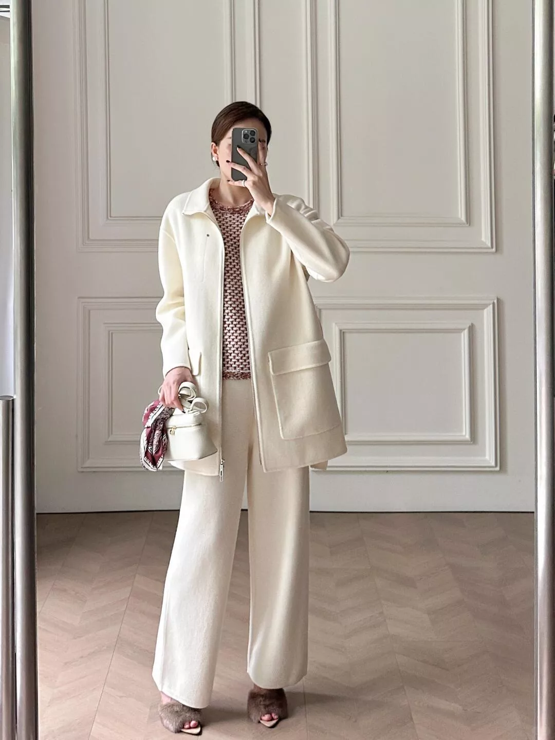 HERMES 25S 米白色雙面羊絨立領拉鍊大衣（36/38/40/42碼）