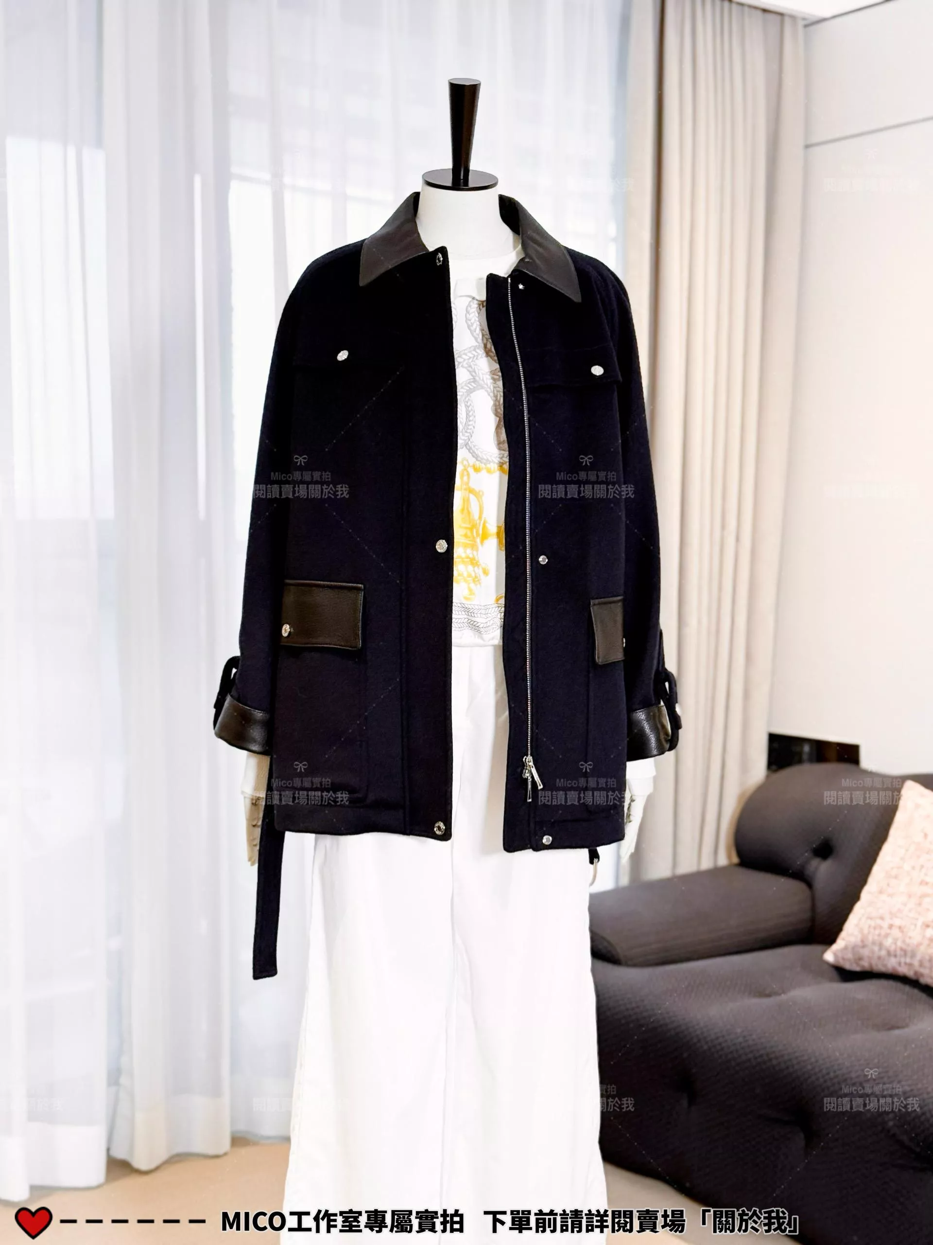 HERMES 藏藍拼皮雙面羊絨大衣｜36/38/40/42