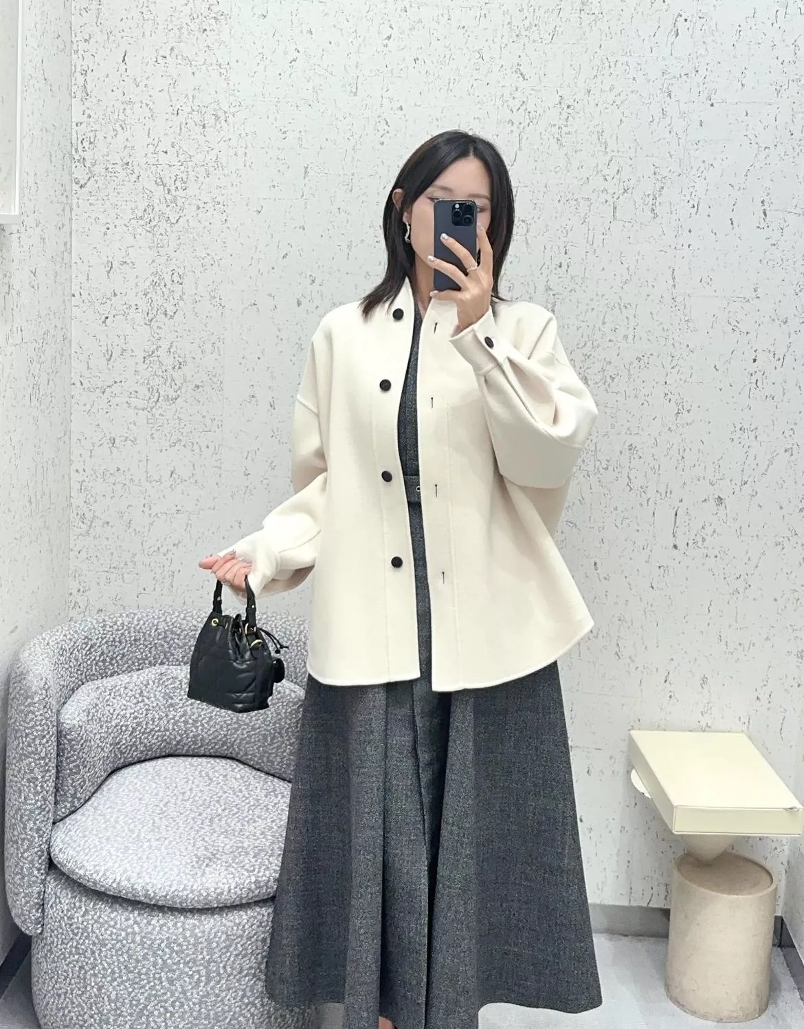 DIOR 米白黑釦立領羊絨A字斗篷大衣｜36／38／40／42碼