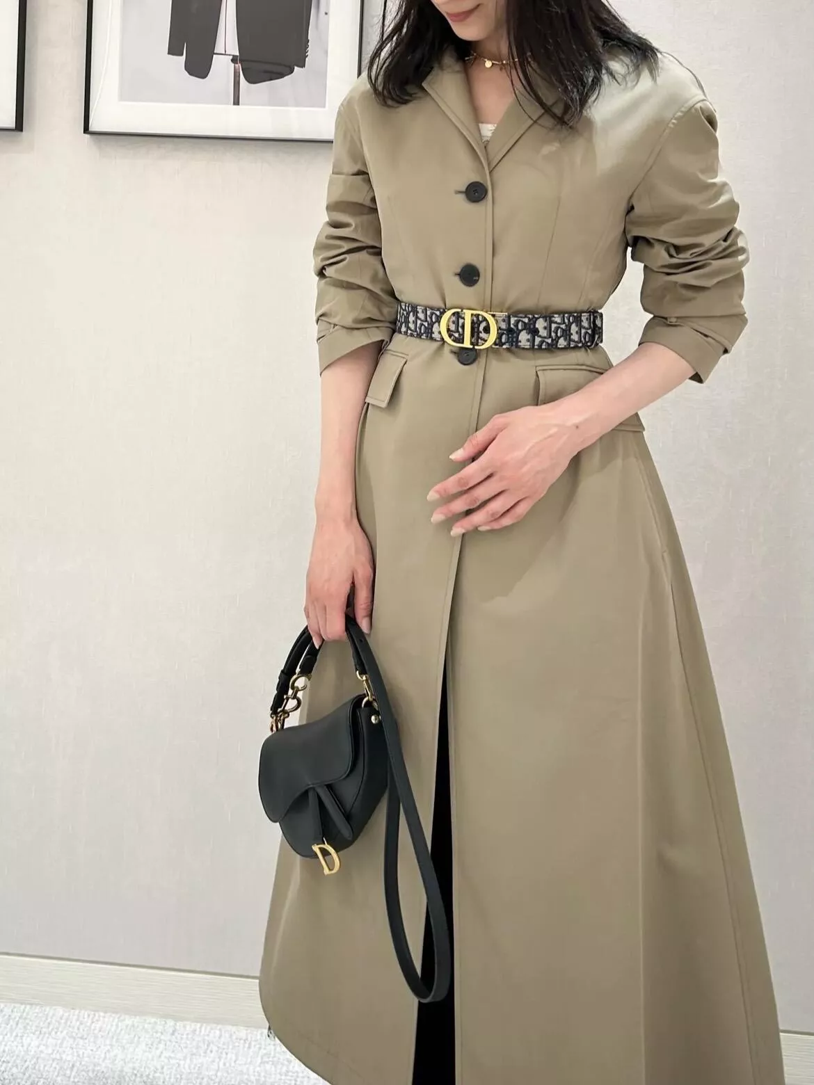 DIOR 25S 橄欖色腰封風衣馬毛內襯外套（36/38/40/42碼）