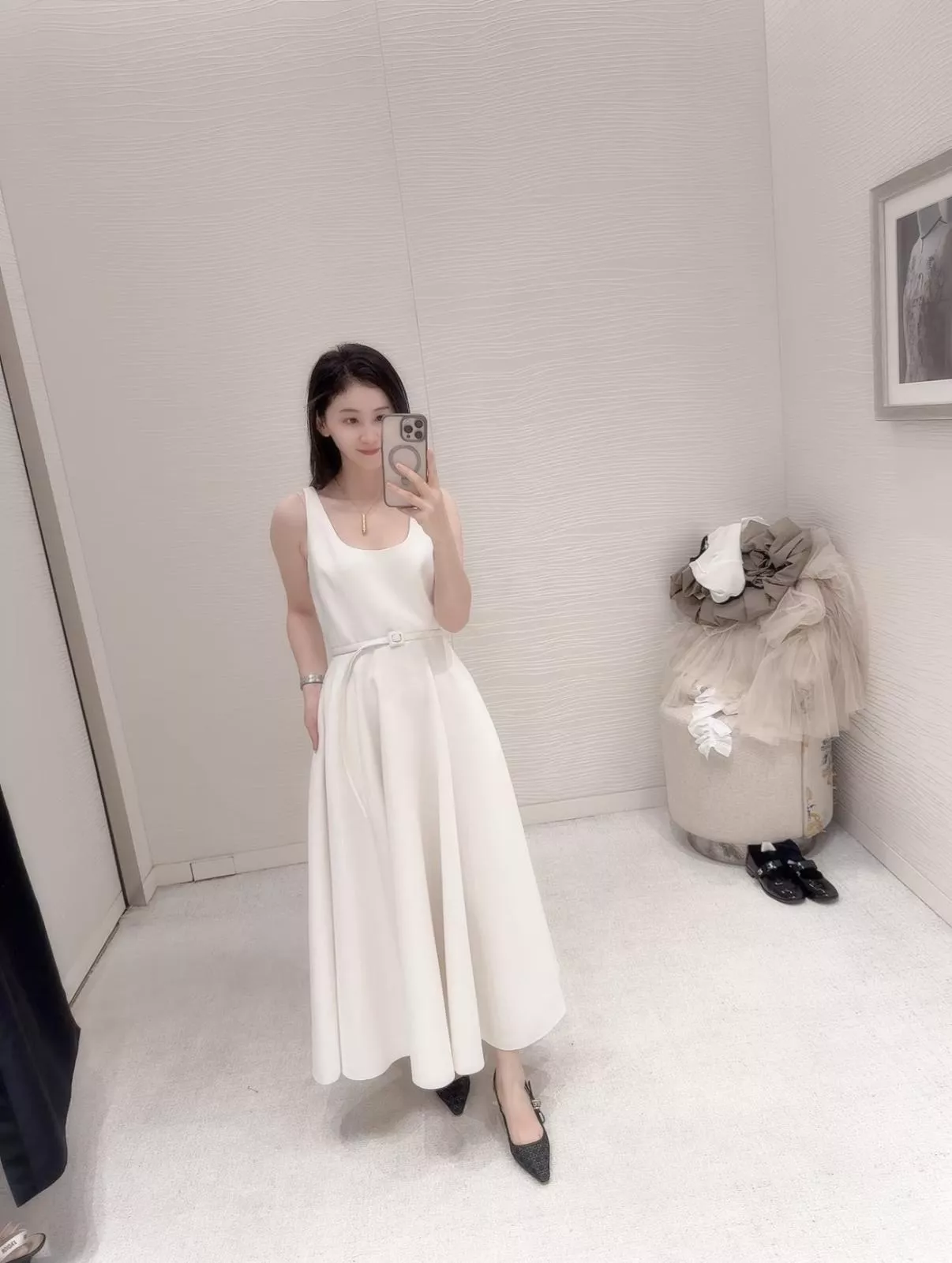 DIOR 珠光材質 珍珠緞吊帶禮服白裙（36/38/40/42）｜腰帶可拆 可單穿內搭