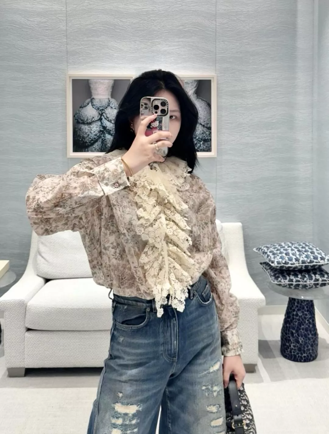 DIOR 田園蕾絲花領絲棉衬衫（36/38/40/42）