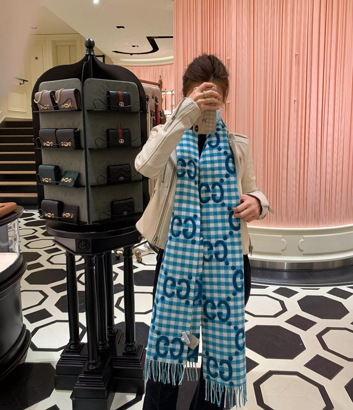 Gucci 大G提花格紋圍巾・亮藍配色經典款｜35×220cm 羊毛混紡