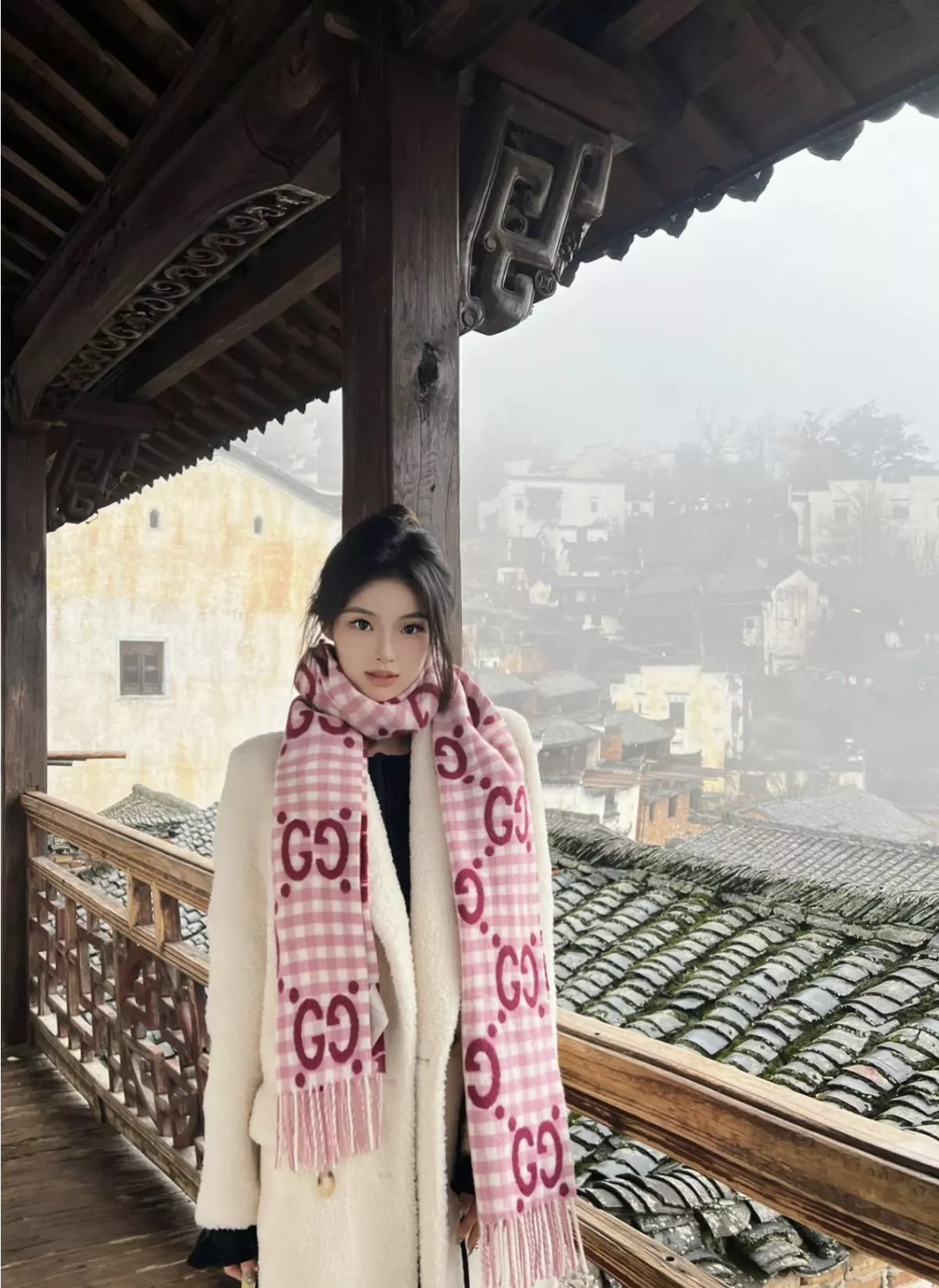Gucci 大G提花格紋圍巾・粉色 經典款｜35×220cm 羊毛混紡