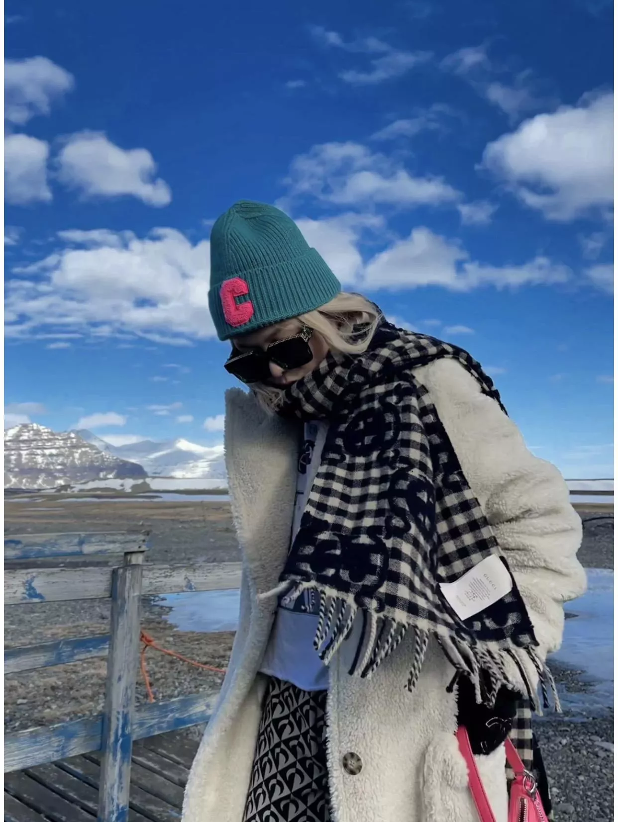 Gucci 大G提花格紋圍巾・深藍色 經典款｜35×220cm 羊毛混紡