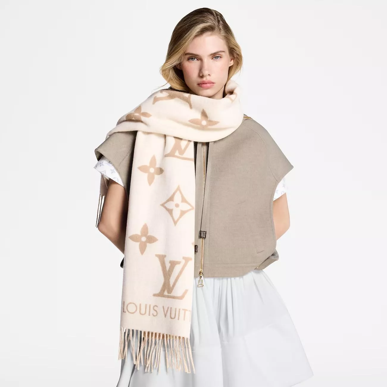 M78123 米色 REYKJAVIK 經典山羊絨圍巾・純羊絨斜紋提花款｜191×45cm