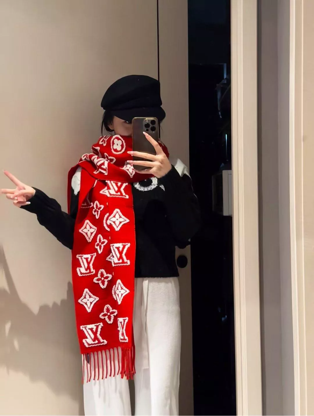 正紅色『3D立體刺繡Logo長巾』圍巾披肩兩用｜200×34cm