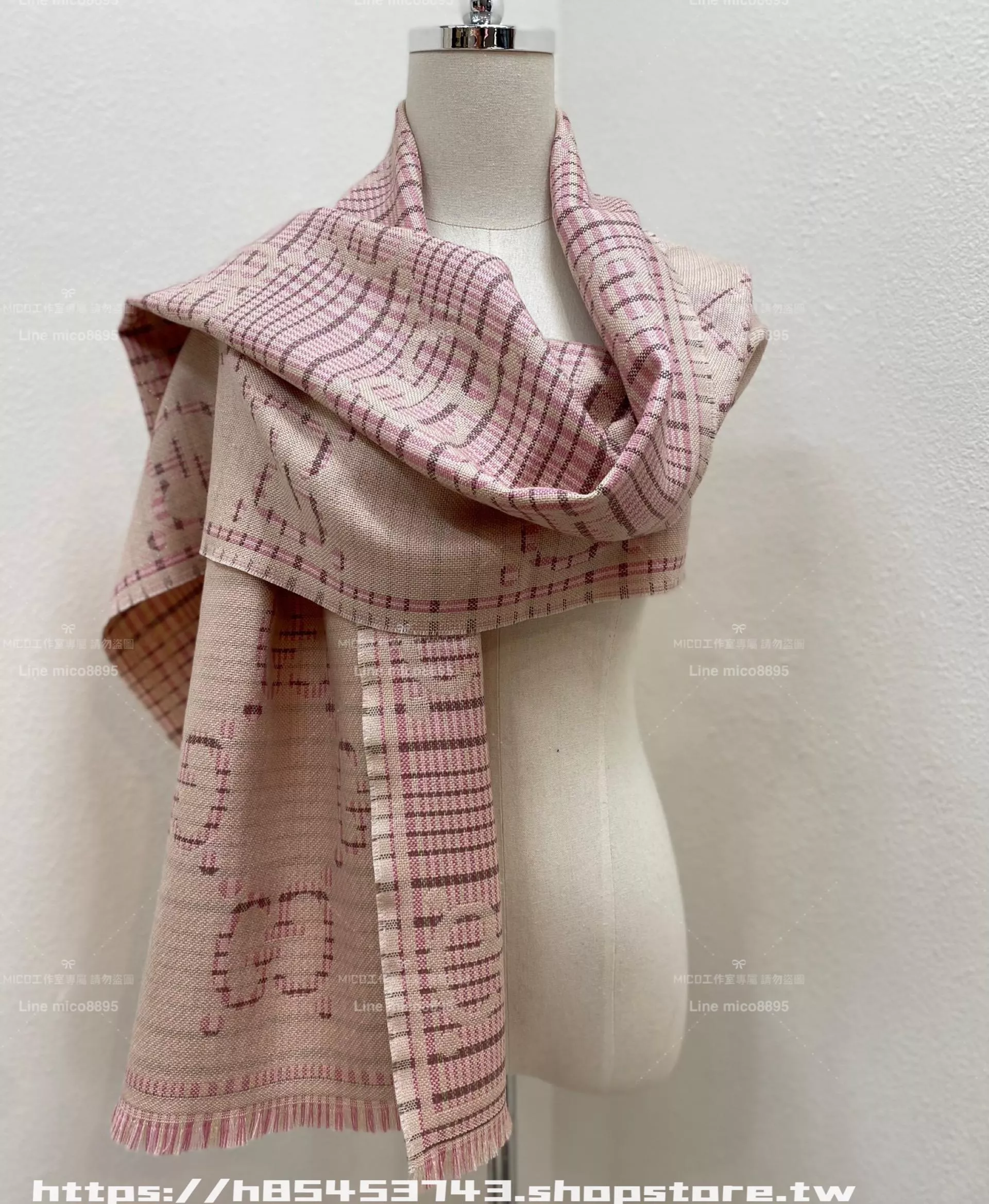 新色格紋GG提花圍巾・粉霧羊毛款｜180×47cm