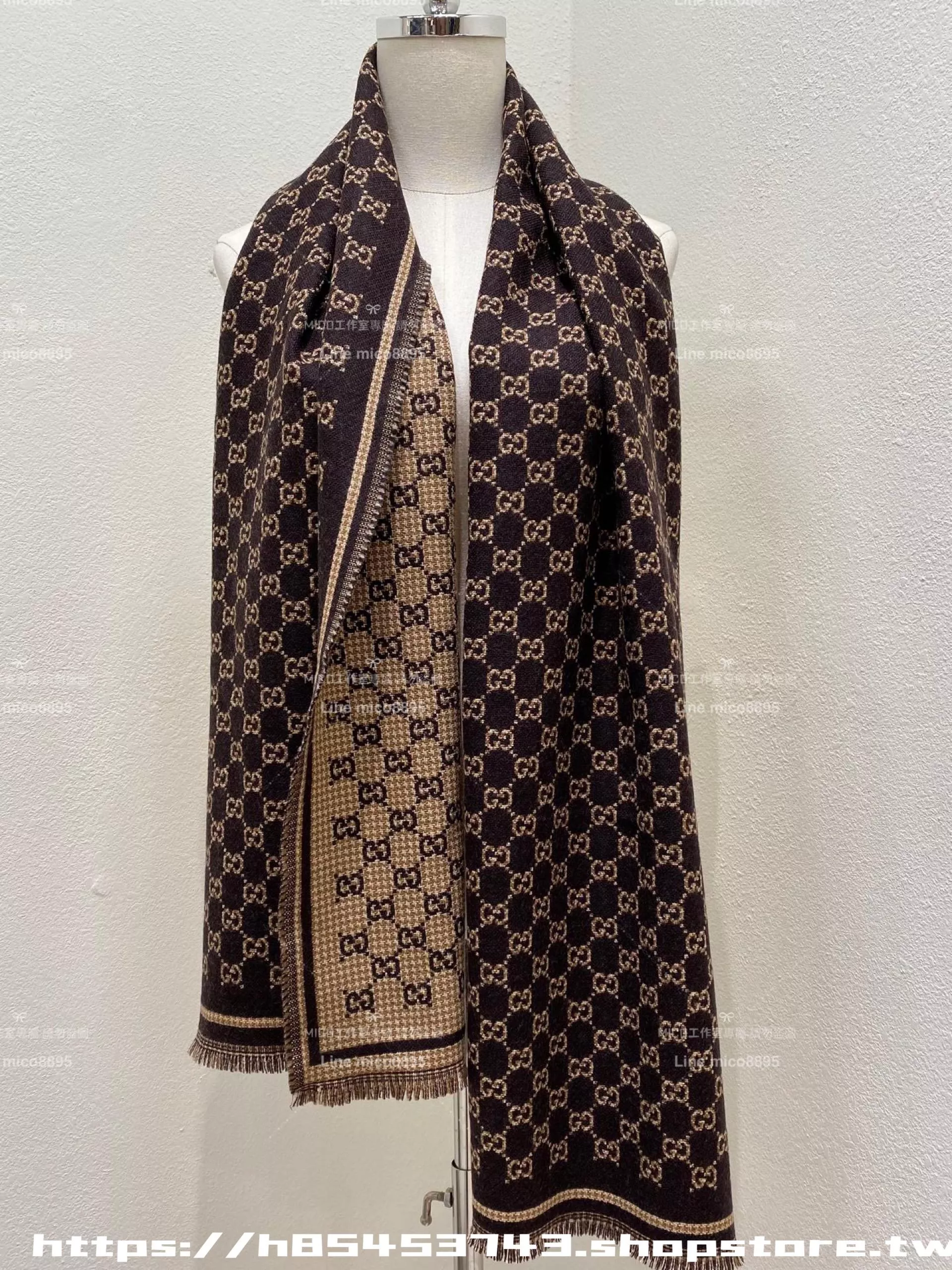 GG羊毛圍巾｜咖金・47×180cm・× 經典提花 × 流蘇滾邊