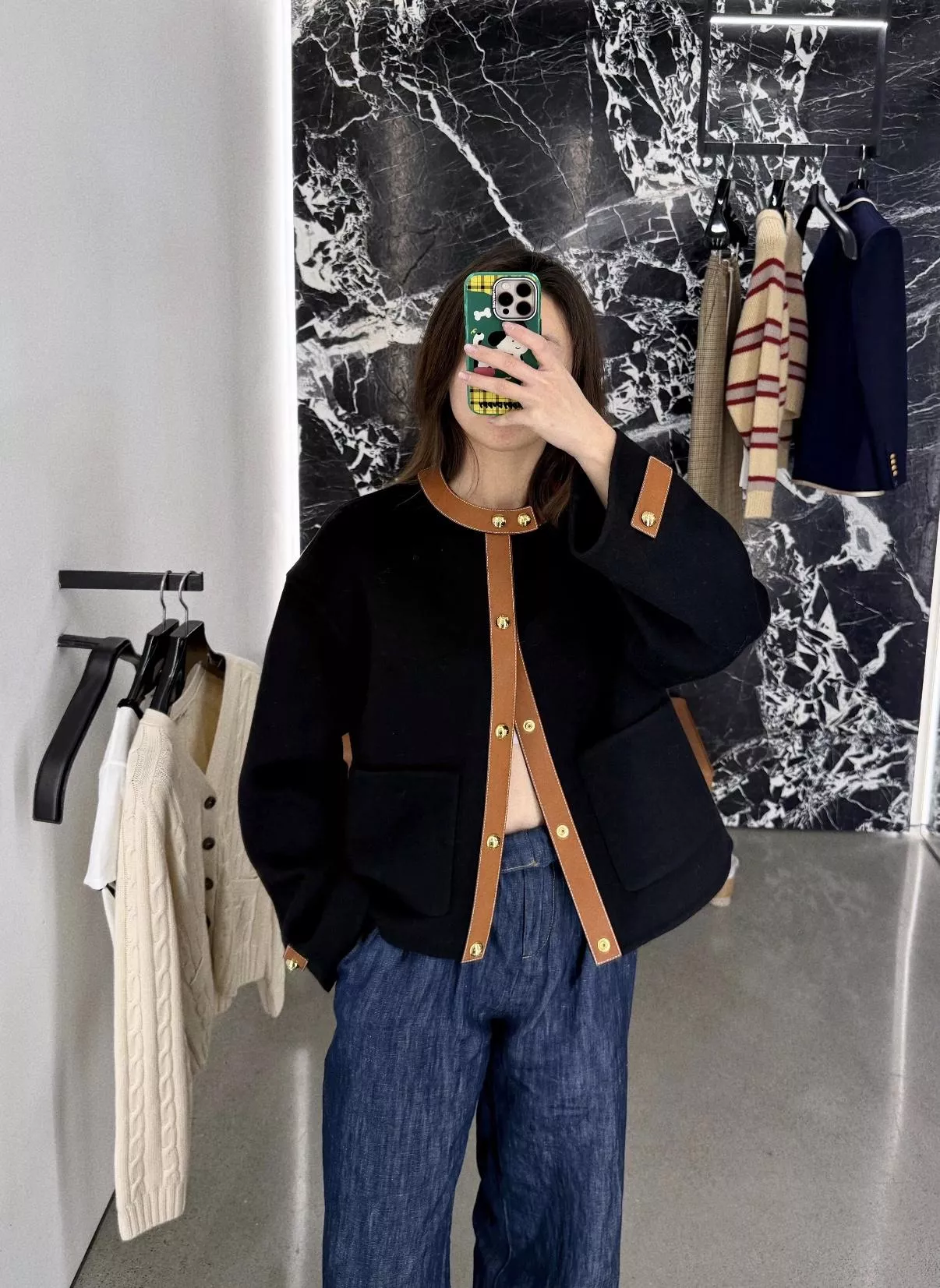 Celine 雙面羊毛呢短外套・金扣拼皮設計（36-42）