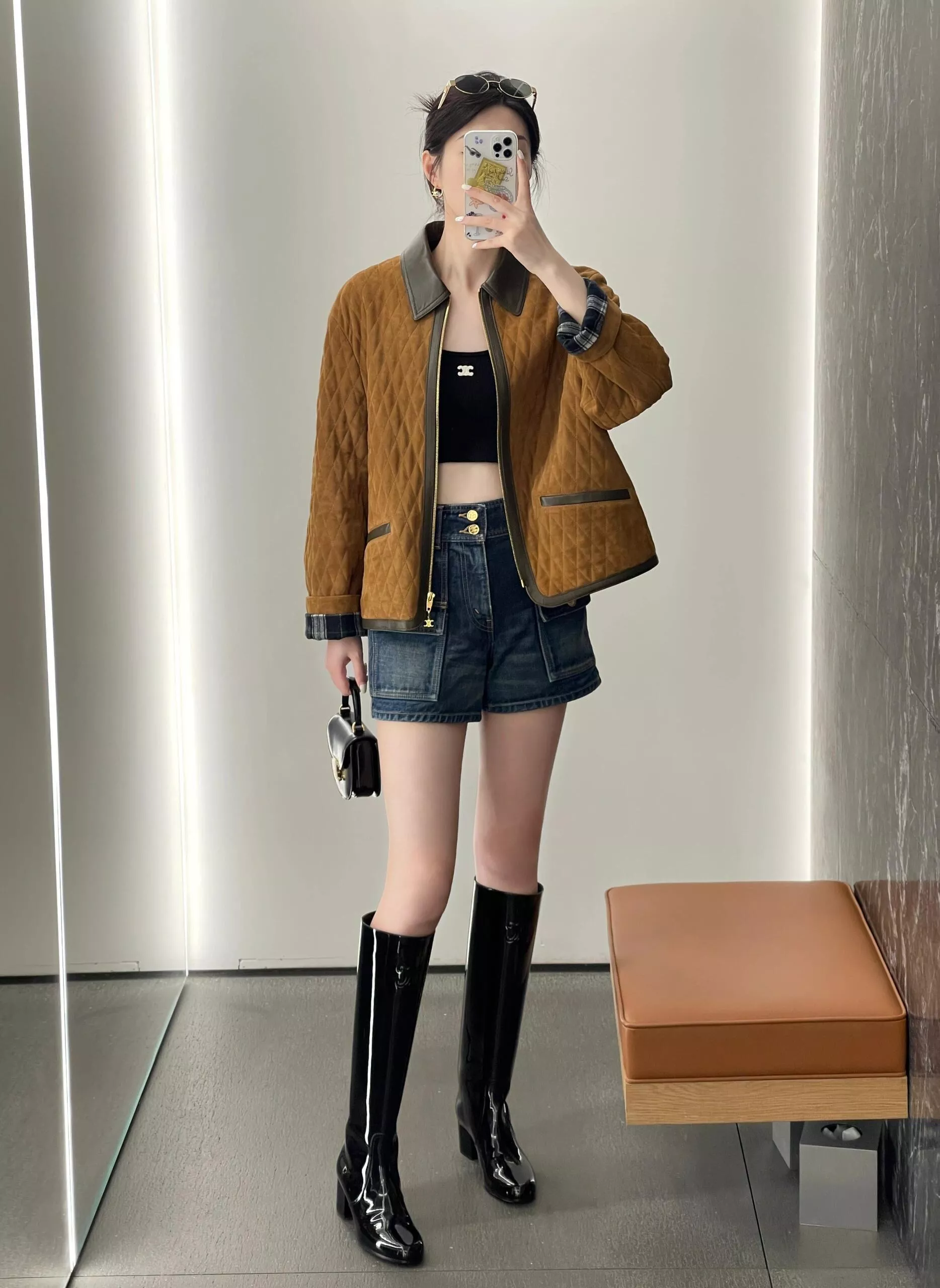 Celine 25S老錢風鹿皮絨絎縫夾克｜棕色拼皮｜36/38/40/42碼