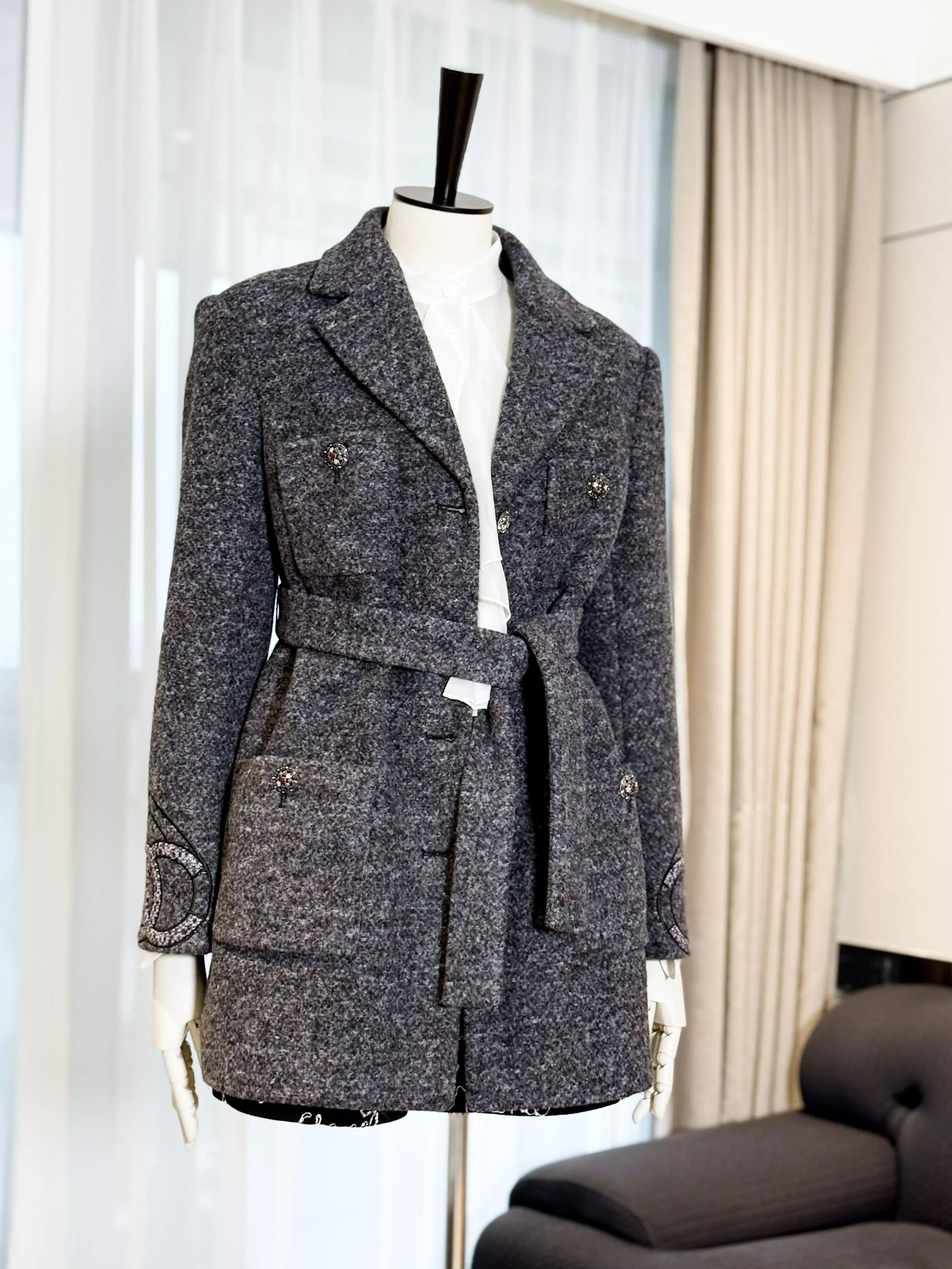 Chanel Vintage灰色羊毛呢刺繡腰帶大衣（36／38／40／42）