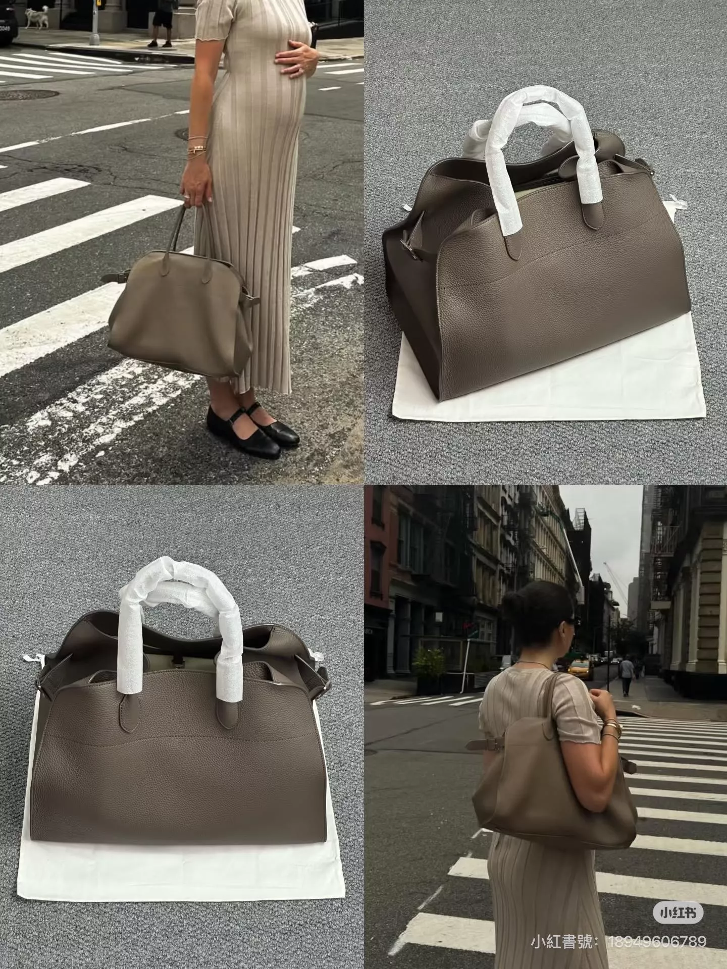 The Row Margaux 17 荔枝紋托特包（大象灰）Margaux 17 dark brown saddle leather bag