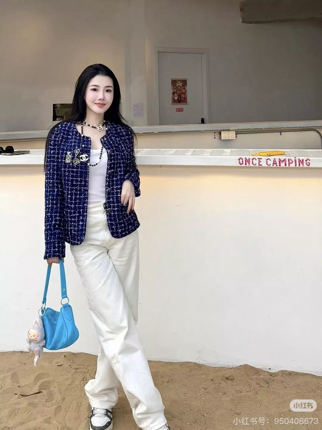 CHANEL 25P 藍色斜紋軟呢珍珠扣外套・真絲內裡（36/38/40）