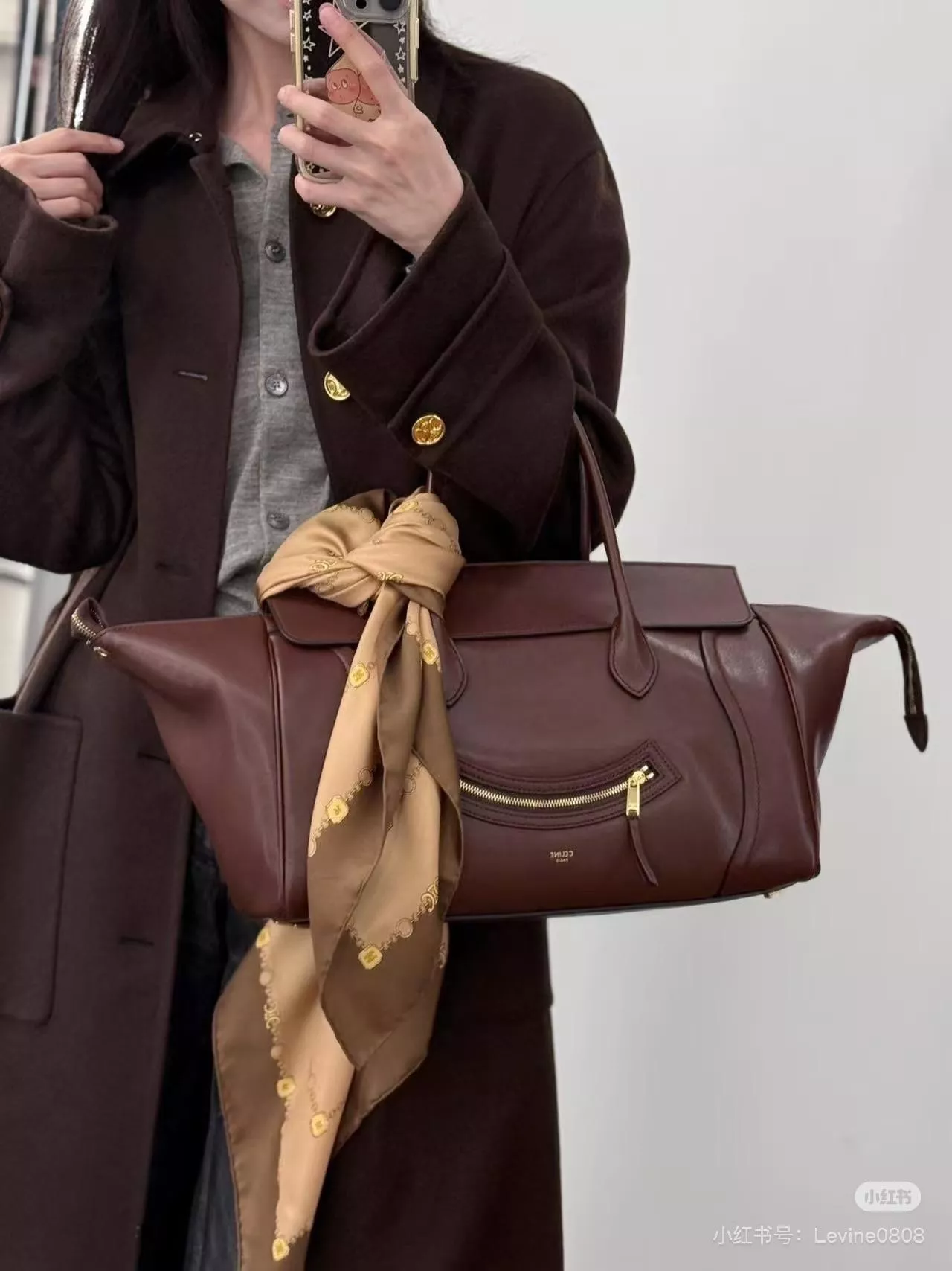 Celine 棕紅色 NEW LUGGAGE柔軟亮澤羊皮革中號手袋