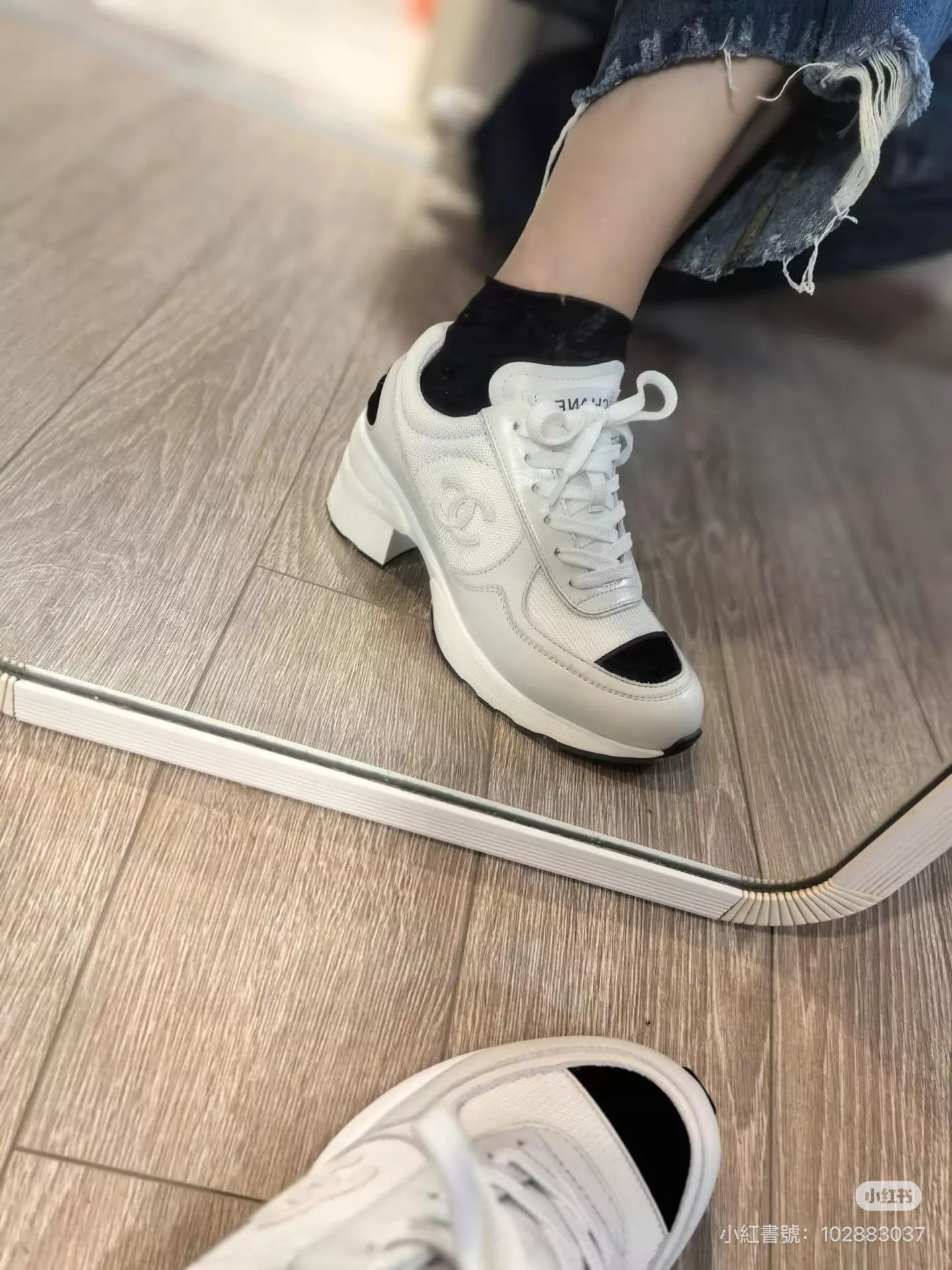 Chanel 25K 白色 高跟運動鞋｜牛皮拼網布 真皮厚底增高款 女士時尚休閒鞋（35–40碼）