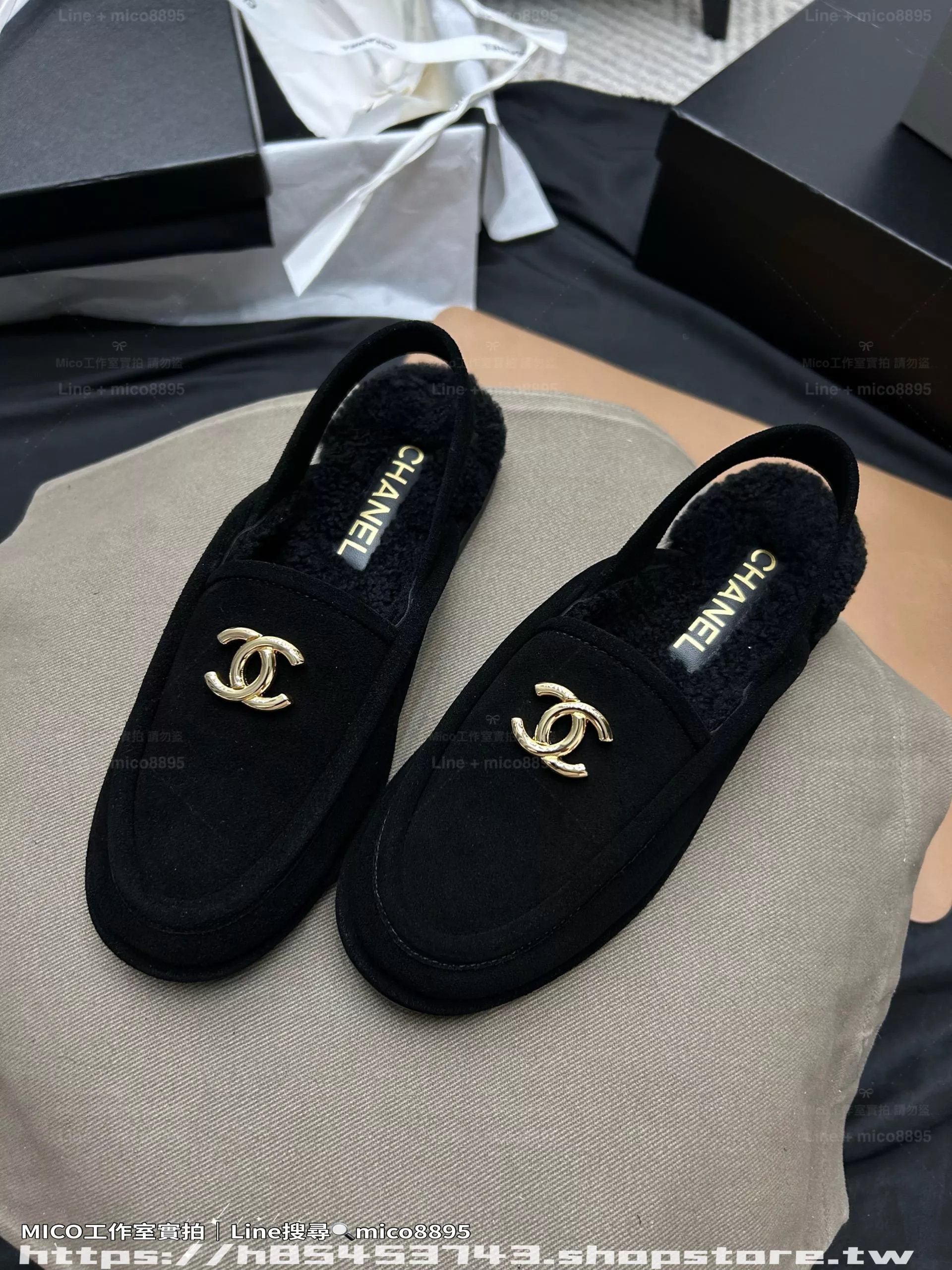 Chanel｜24K 後空款/黑色 鹿皮羊羔毛樂福鞋（35–40碼）