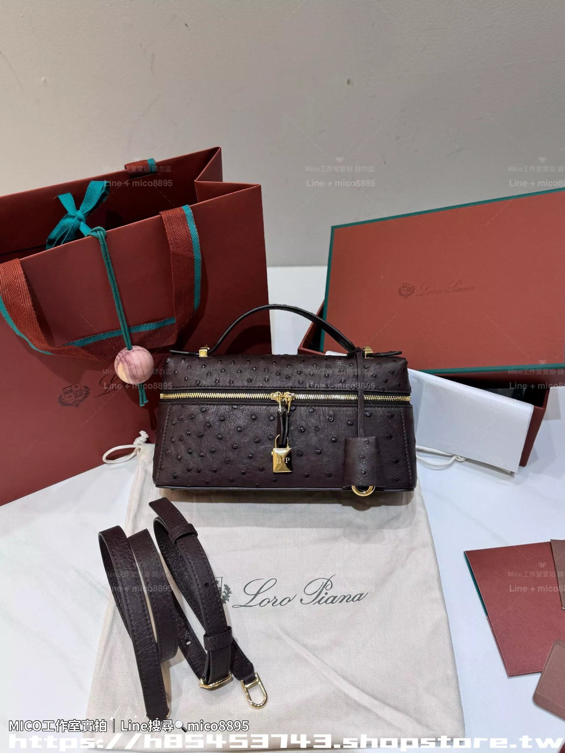 LP Extra Bag L23 高定手袋｜南非進口鴕鳥皮 巧克力棕/金釦 稀有皮革 IT Bag（23×12×7cm）