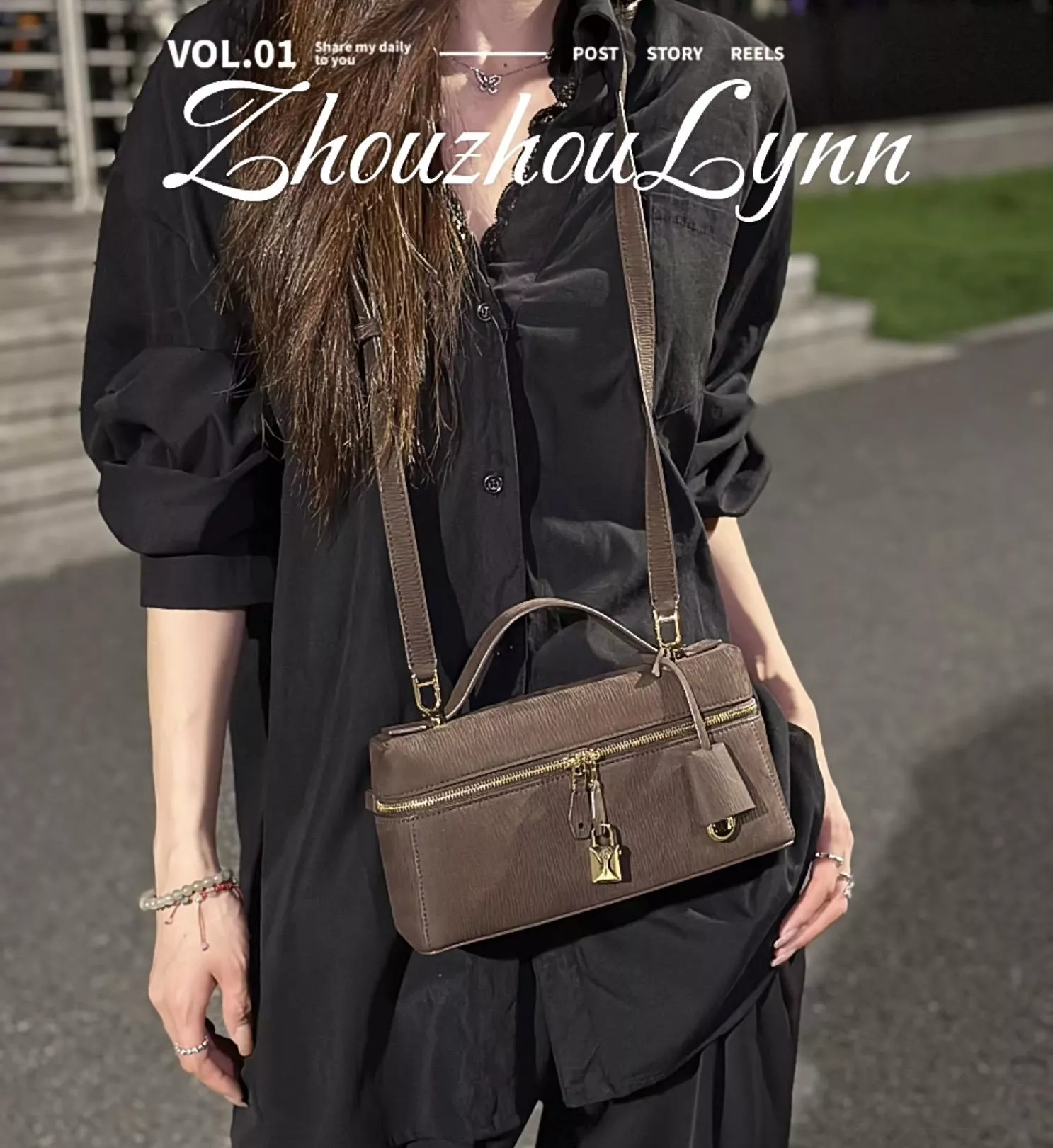 Loro Piana Extra Bag L23 天鵝絨水波紋深褐色 Saddle Leather 拼皮手袋 （23×12 cm）
