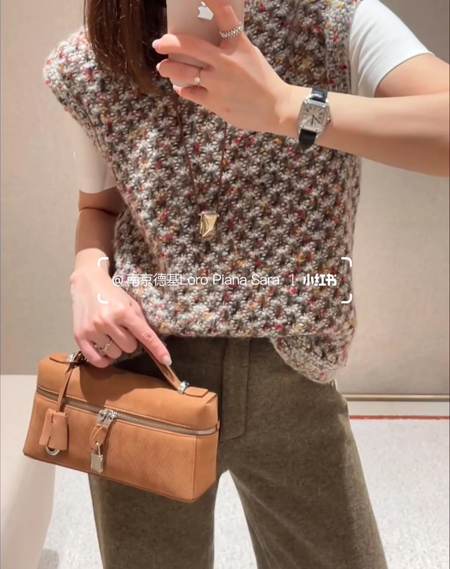 Loro Piana Extra Bag L23 手袋 天鵝絨水波紋暖棕褐色 Saddle Leather拼皮手提斜挎款（23×12cm）