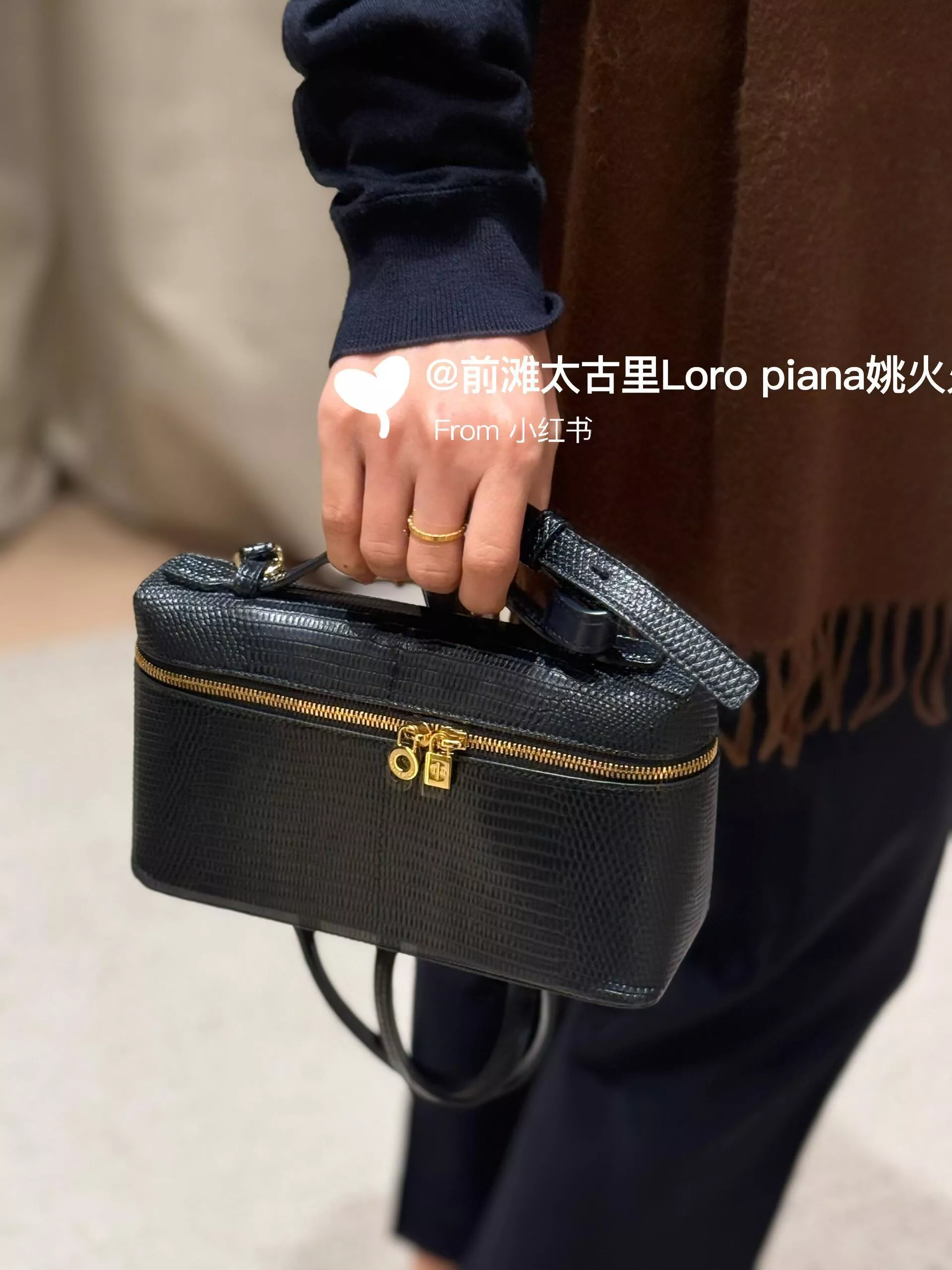 Loro Piana Extra Pocket L19 手袋｜黑蜥蜴皮限定款 奢華閃耀黑金配色（19×11×6.5cm）