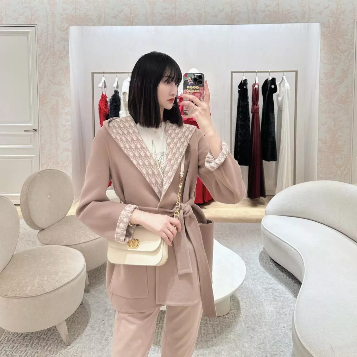 DIOR 肉桂粉Oblique 印花羊毛短款連帽外套（36／38／40碼）