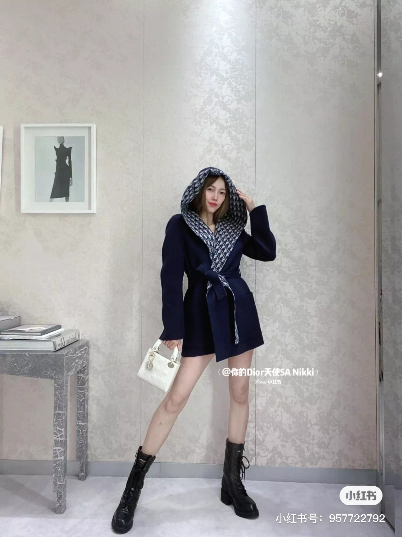 DIOR 藏藍色 Oblique 印花羊毛短款連帽外套（36／38／40碼）