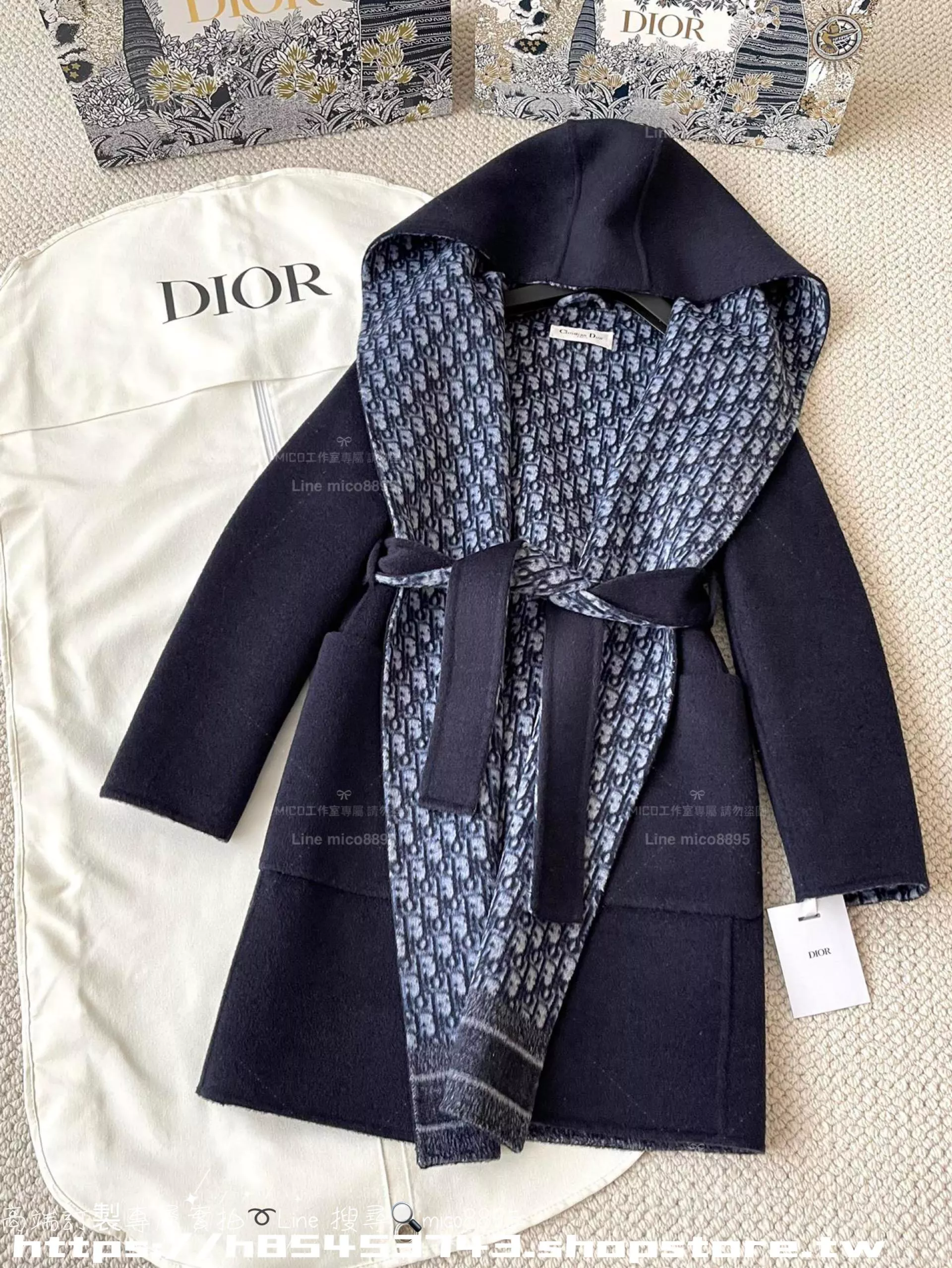 DIOR 藏藍色/中長版 Oblique 印花羊毛連帽外套（36／38／40碼）