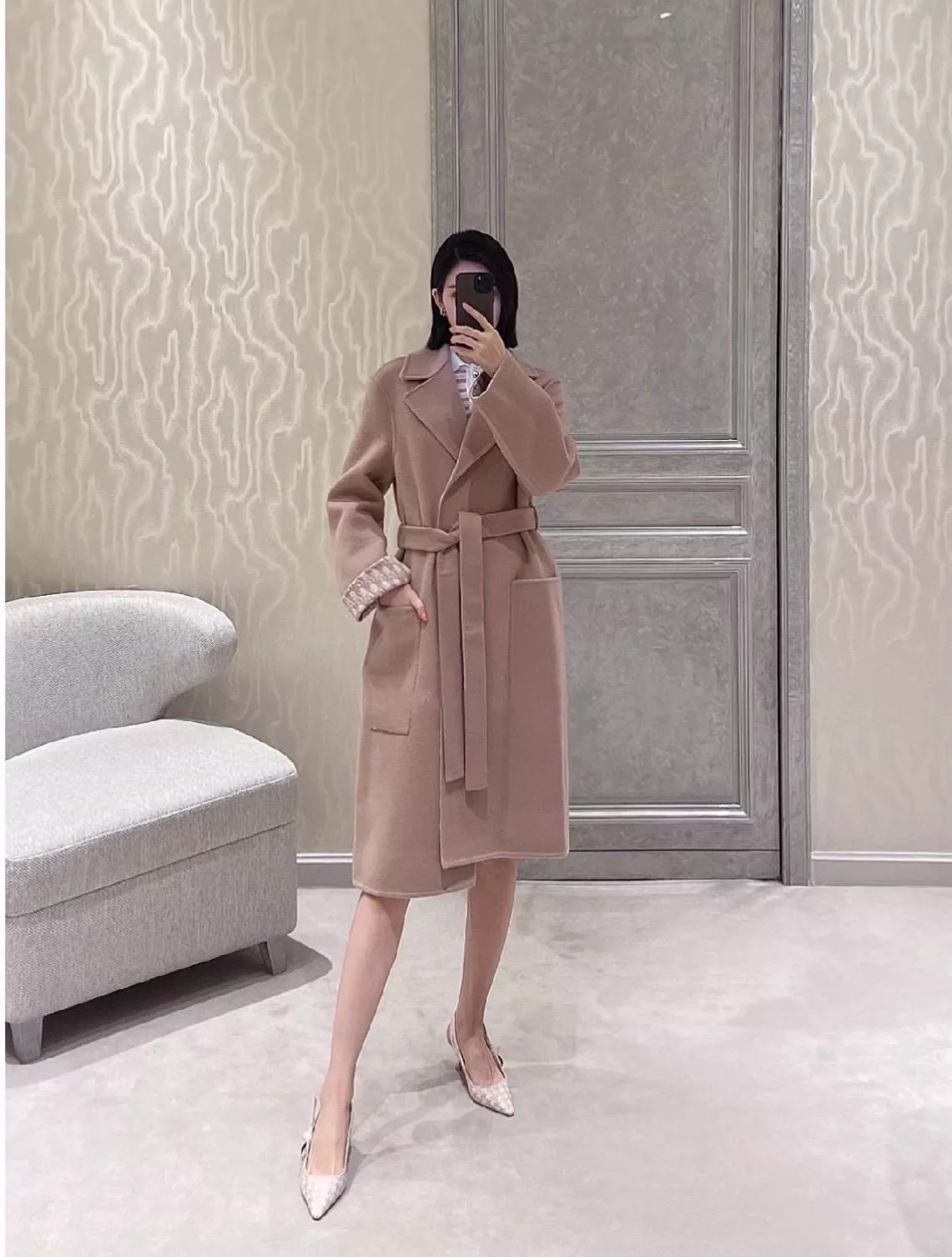 DIOR 肉桂粉/長版 Oblique 印花羊毛連帽外套（36／38／40碼）