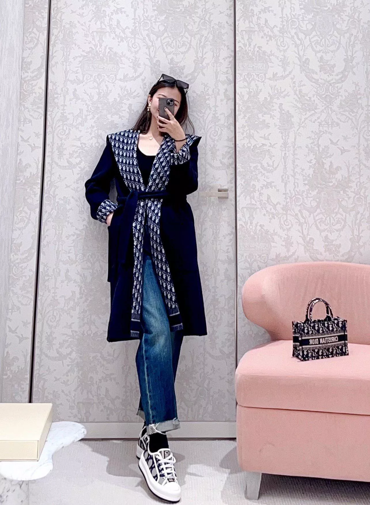 DIOR 藏藍/長版 Oblique 印花羊毛連帽外套（36／38／40碼）