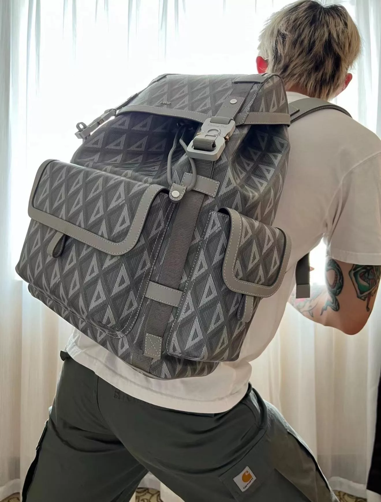 DIOR 灰色 Diamond Modogram 雙肩包 後背包｜43×51×20cm